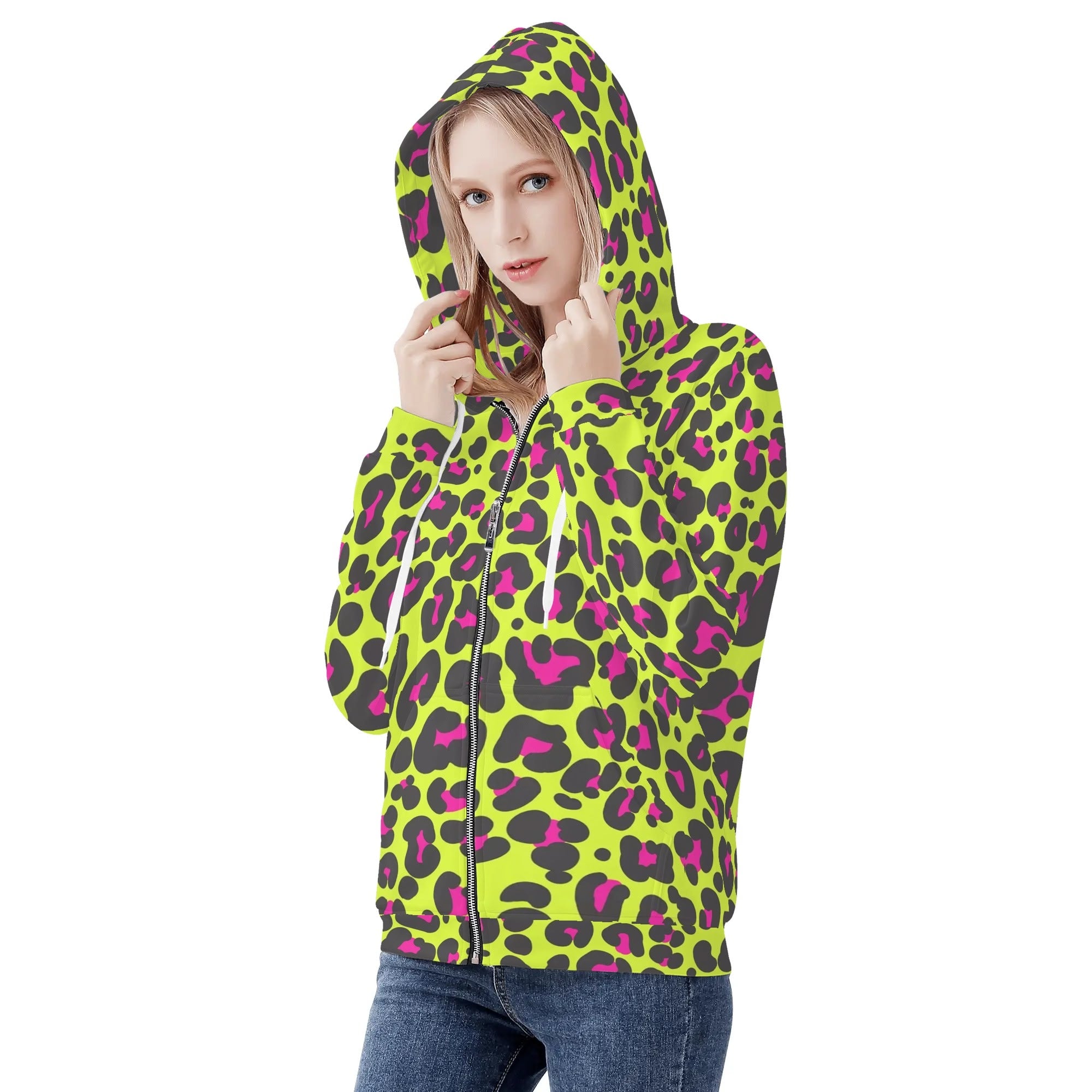 Women's Allover Print Zip-Up Hoodie - Neon Leopard