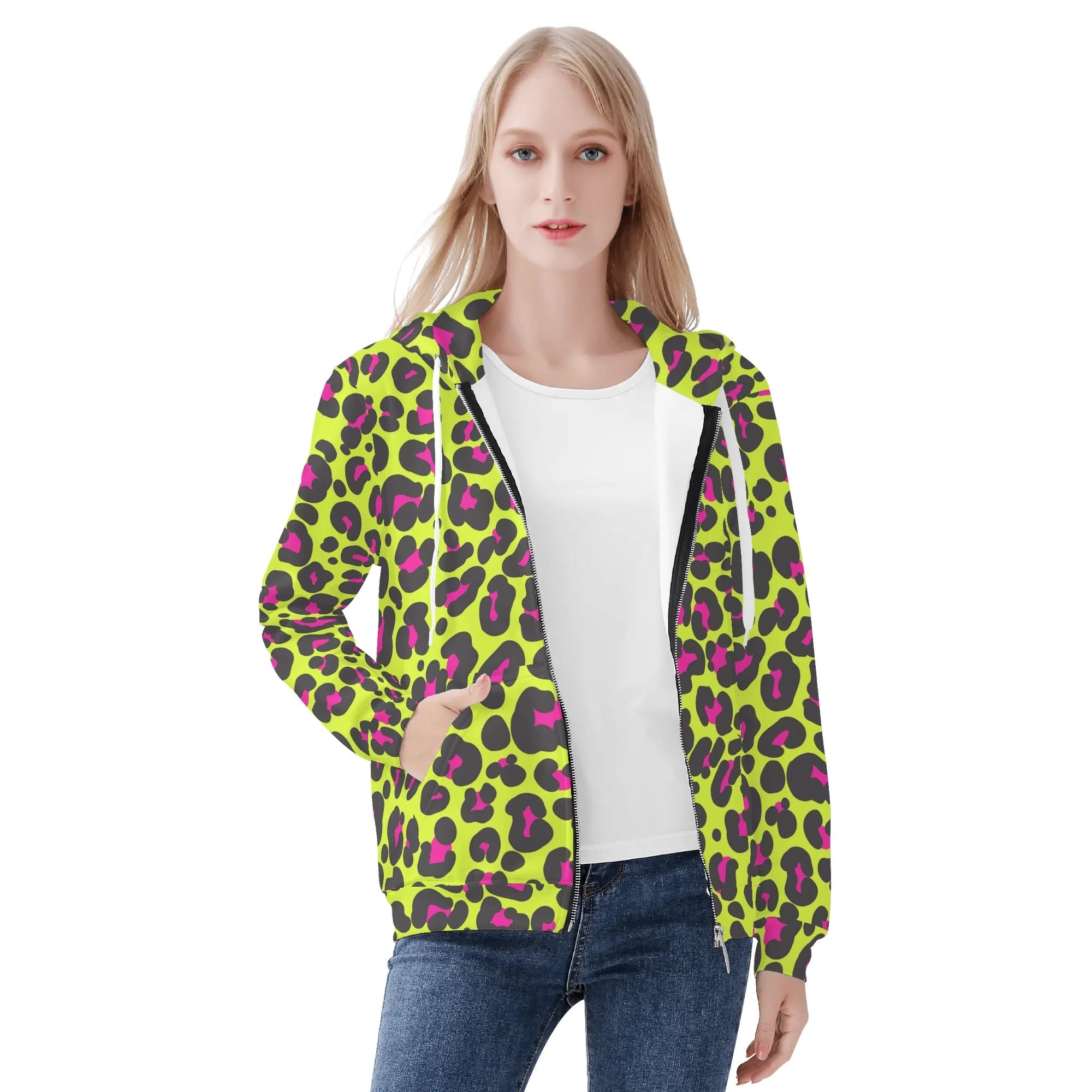 Women's Allover Print Zip-Up Hoodie - Neon Leopard