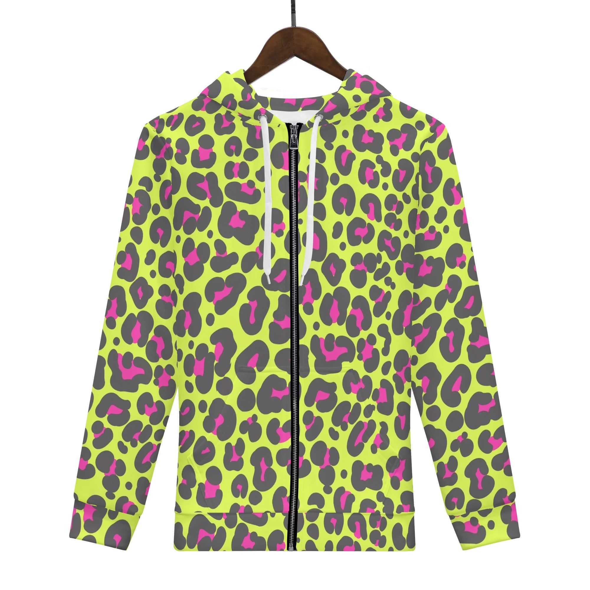 Women's Allover Print Zip-Up Hoodie - Neon Leopard