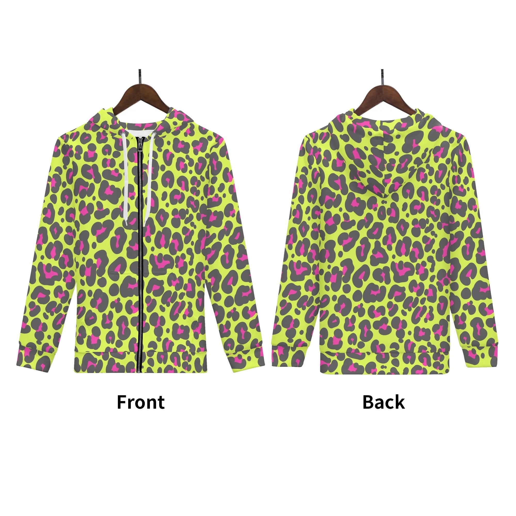 Women's Allover Print Zip-Up Hoodie - Neon Leopard