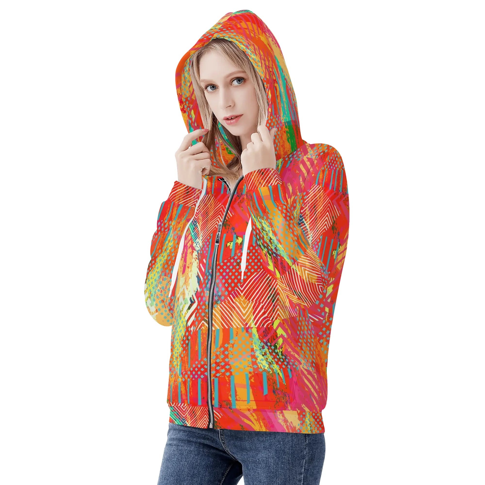 Women's Allover Print Zip-Up Hoodie - Grunge Revival