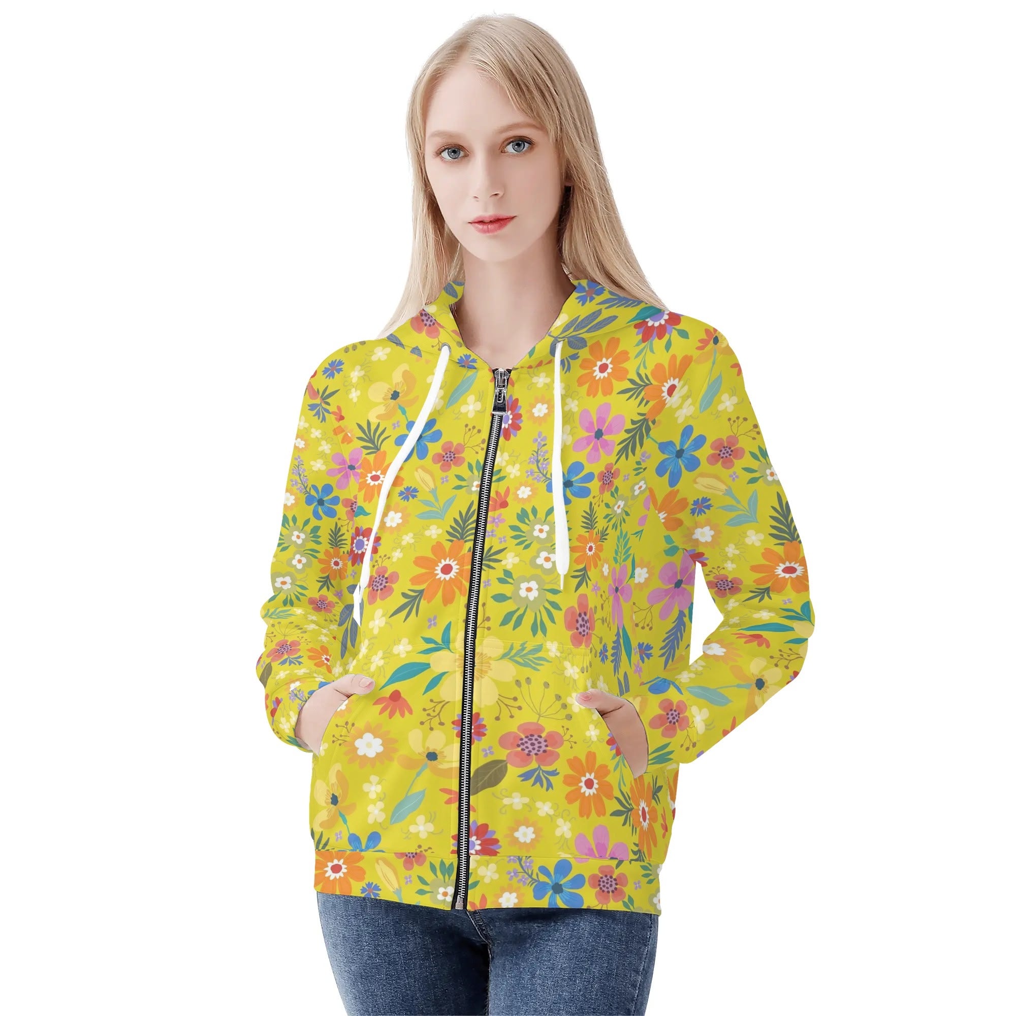 Women's Allover Print Zip-Up Hoodie - Bohemian Blossoms