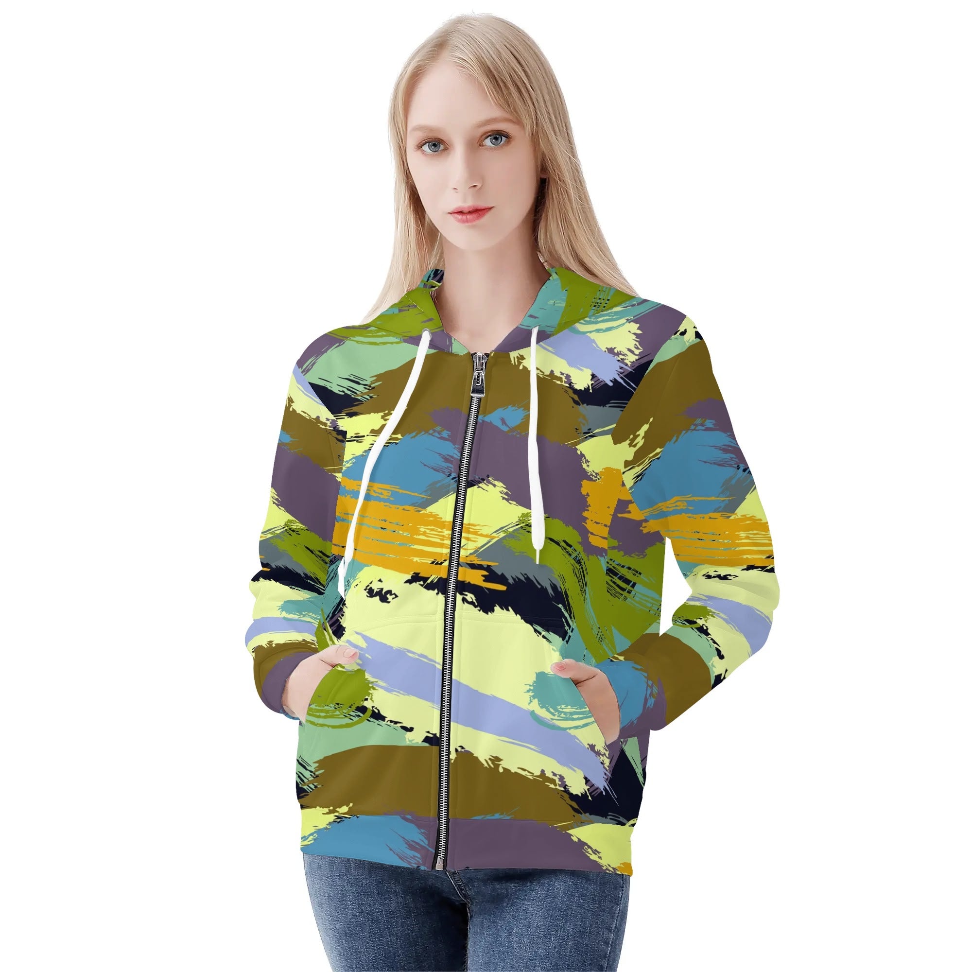 Women's Allover Print Zip-Up Hoodie - Paint