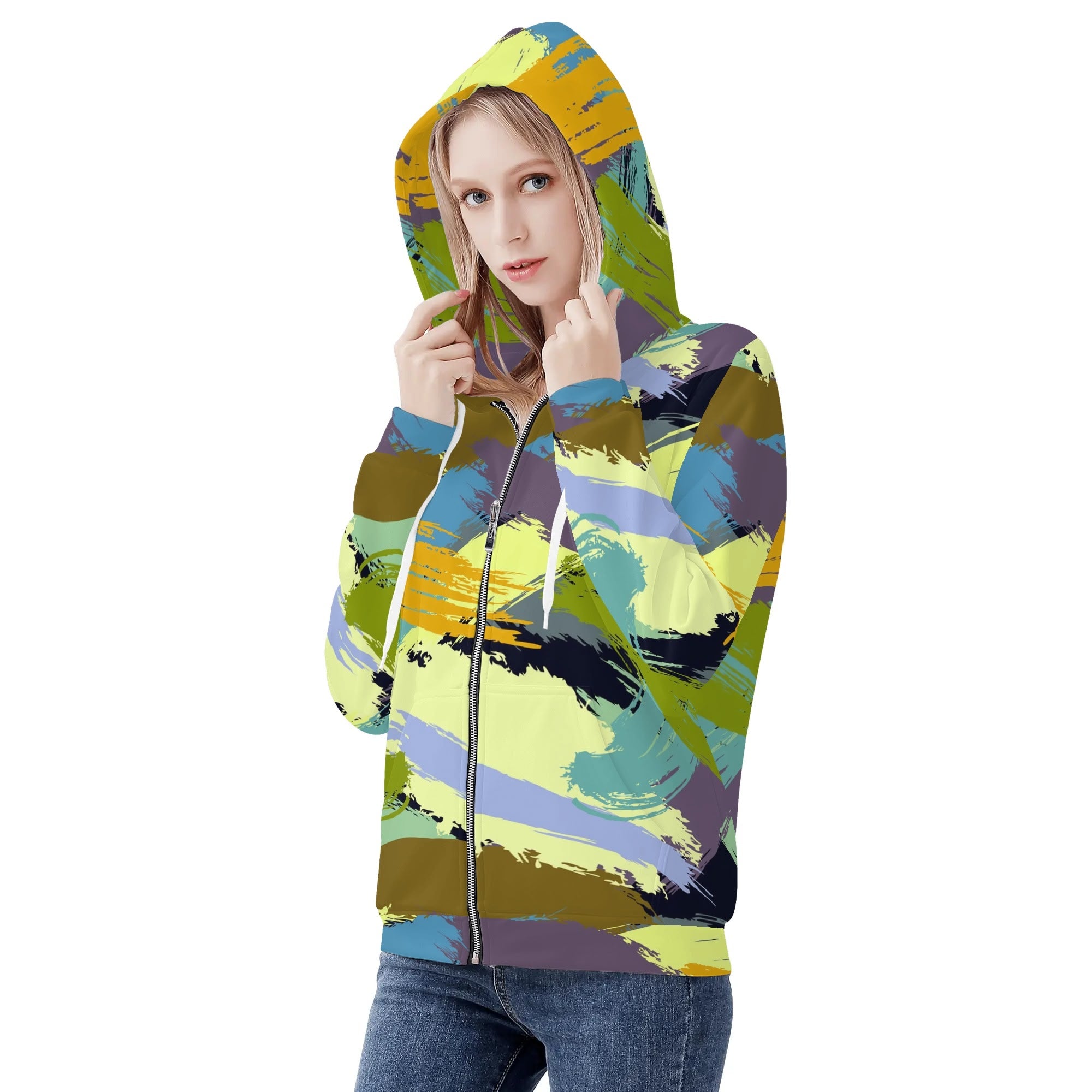 Women's Allover Print Zip-Up Hoodie - Paint