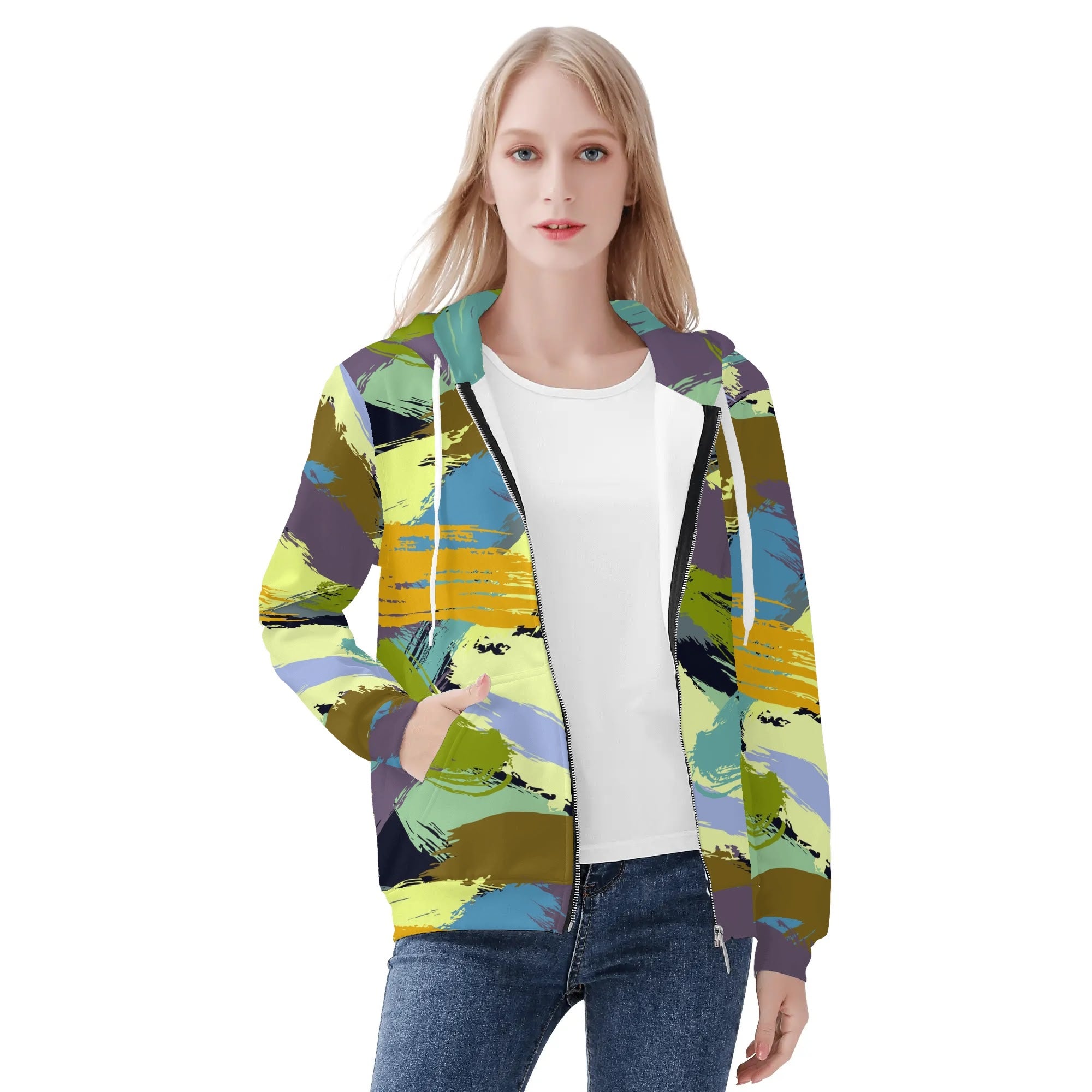 Women's Allover Print Zip-Up Hoodie - Paint