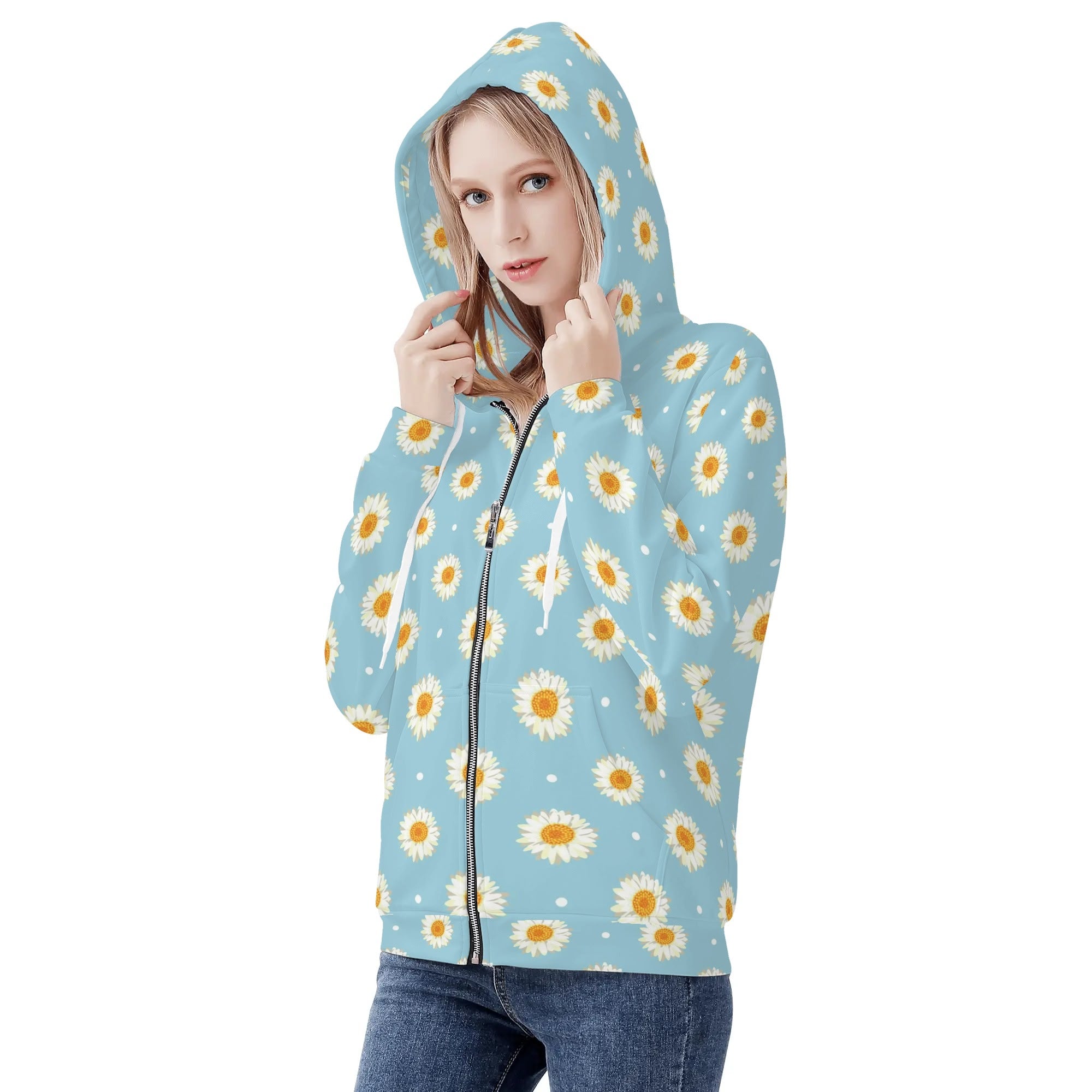 Women's Allover Print Zip-Up Hoodie - Daisy Dots