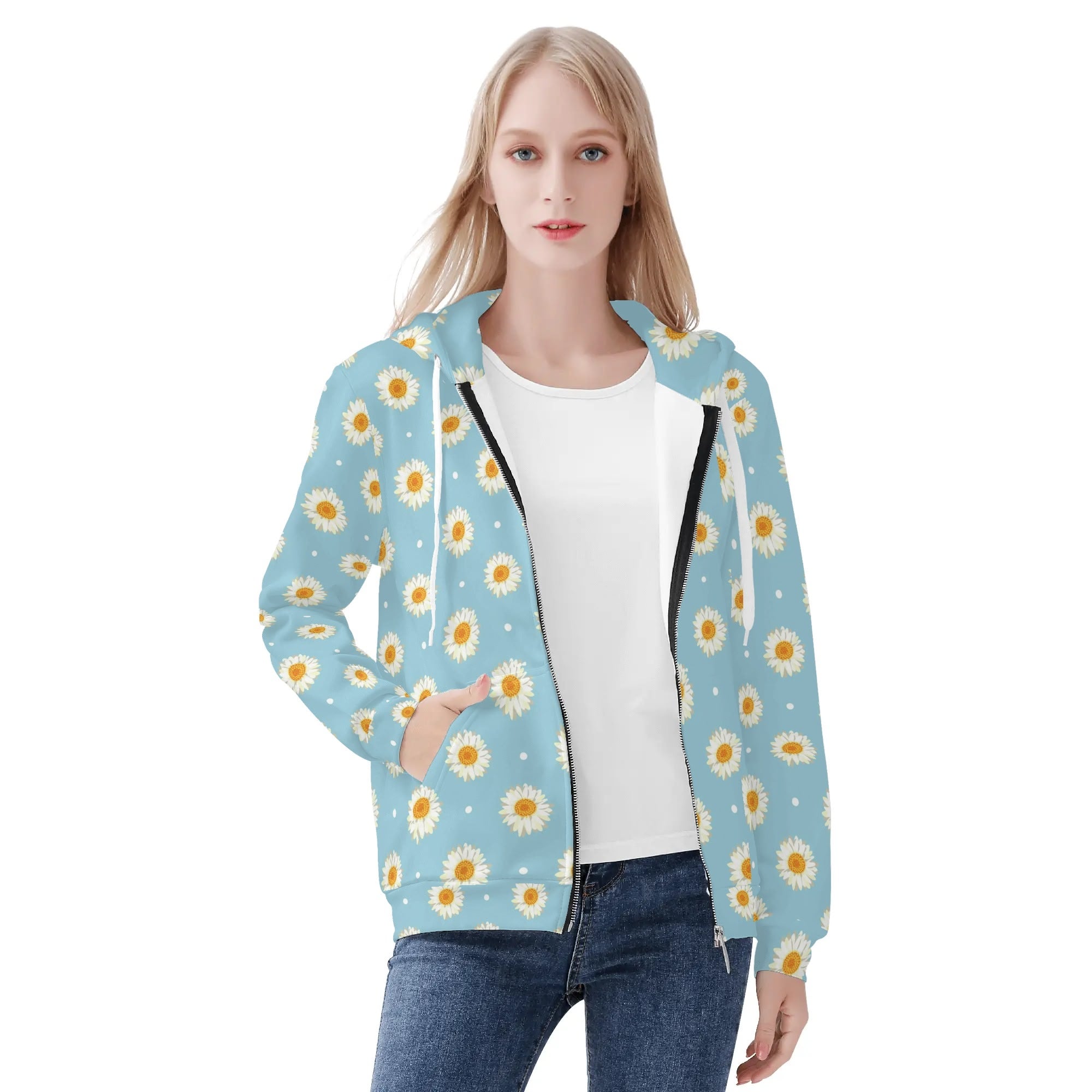 Women's Allover Print Zip-Up Hoodie - Daisy Dots