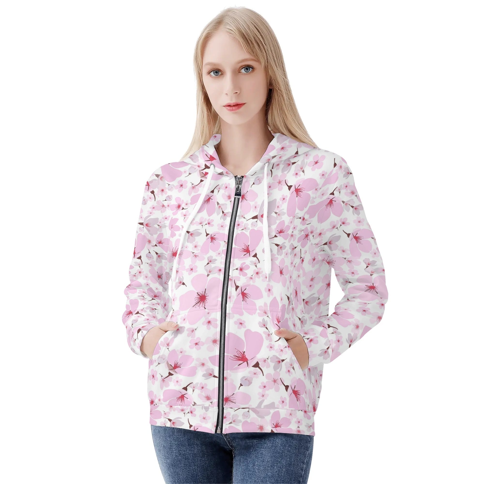 Women's Allover Print Zip-Up Hoodie - Cherry Blossoms