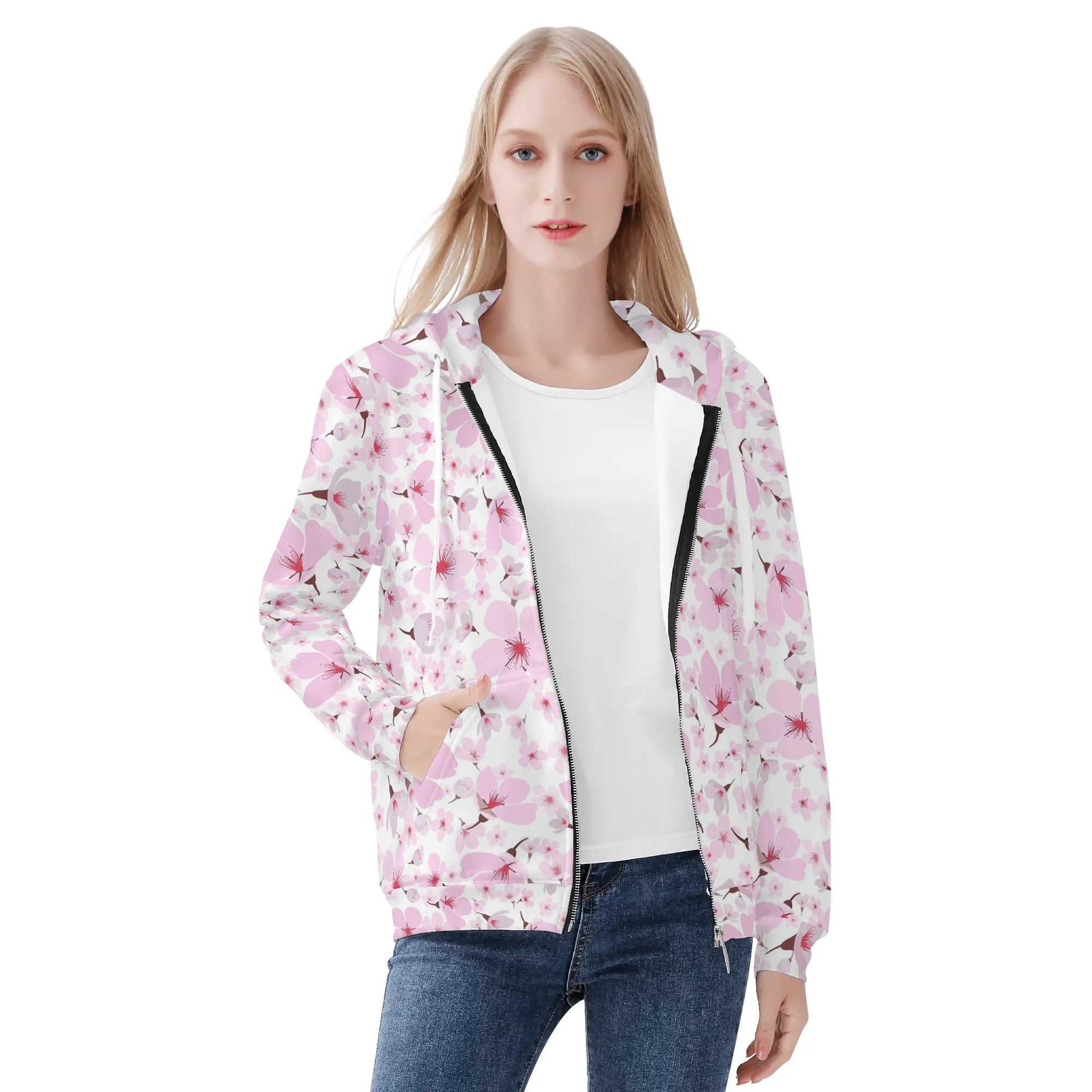 Women's Allover Print Zip-Up Hoodie - Cherry Blossoms