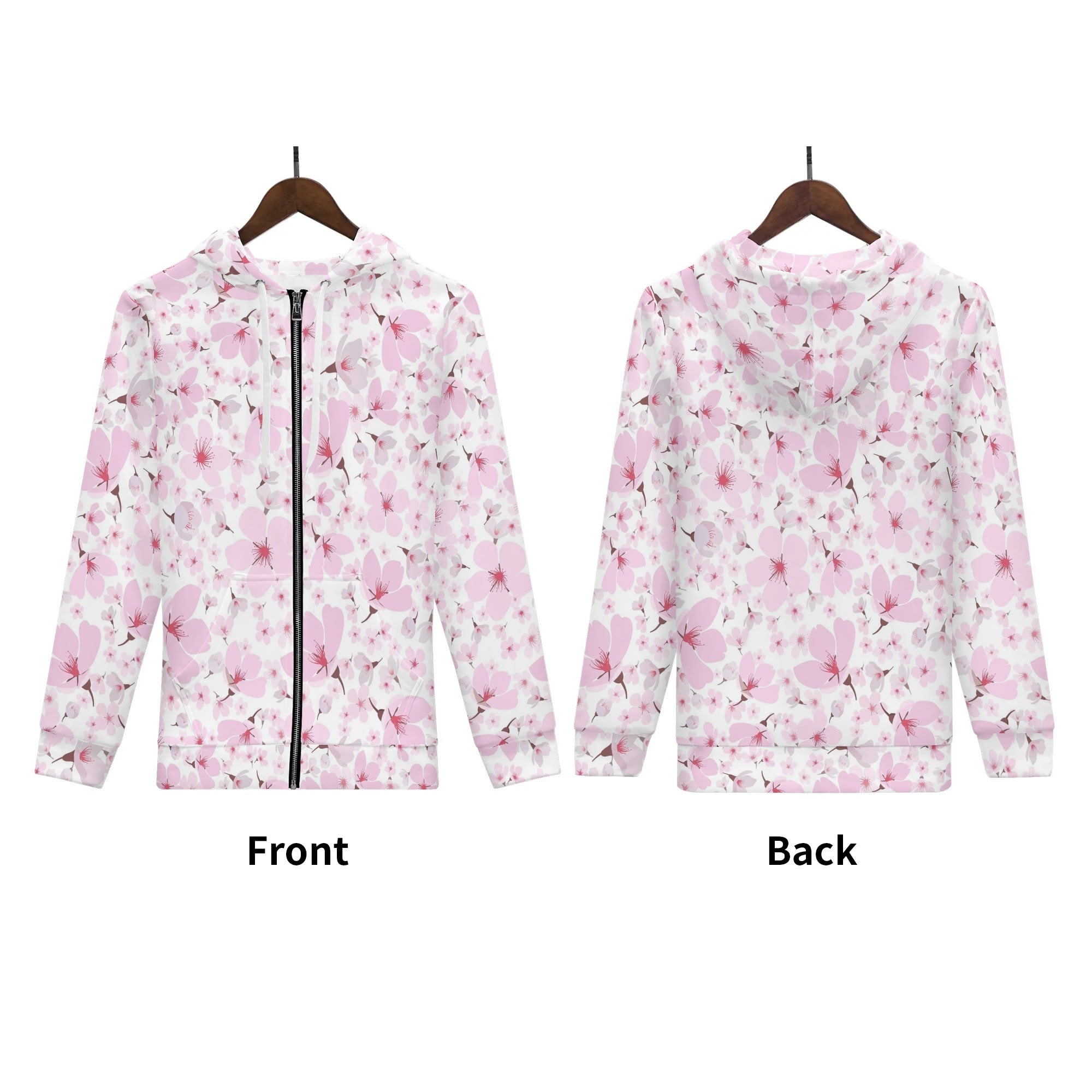 Women's Allover Print Zip-Up Hoodie - Cherry Blossoms