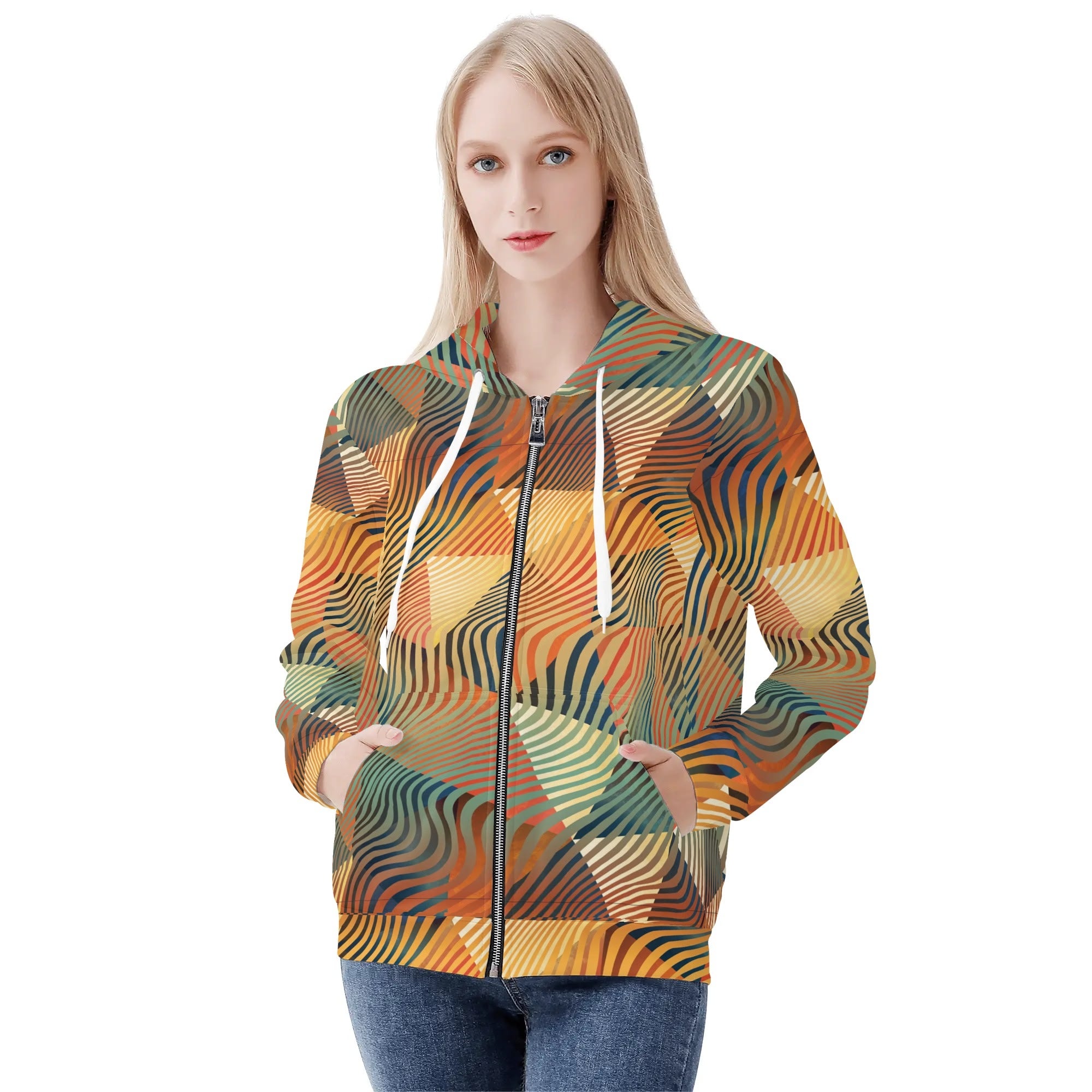 Women's Allover Print Zip-Up Hoodie - Geometric Waves