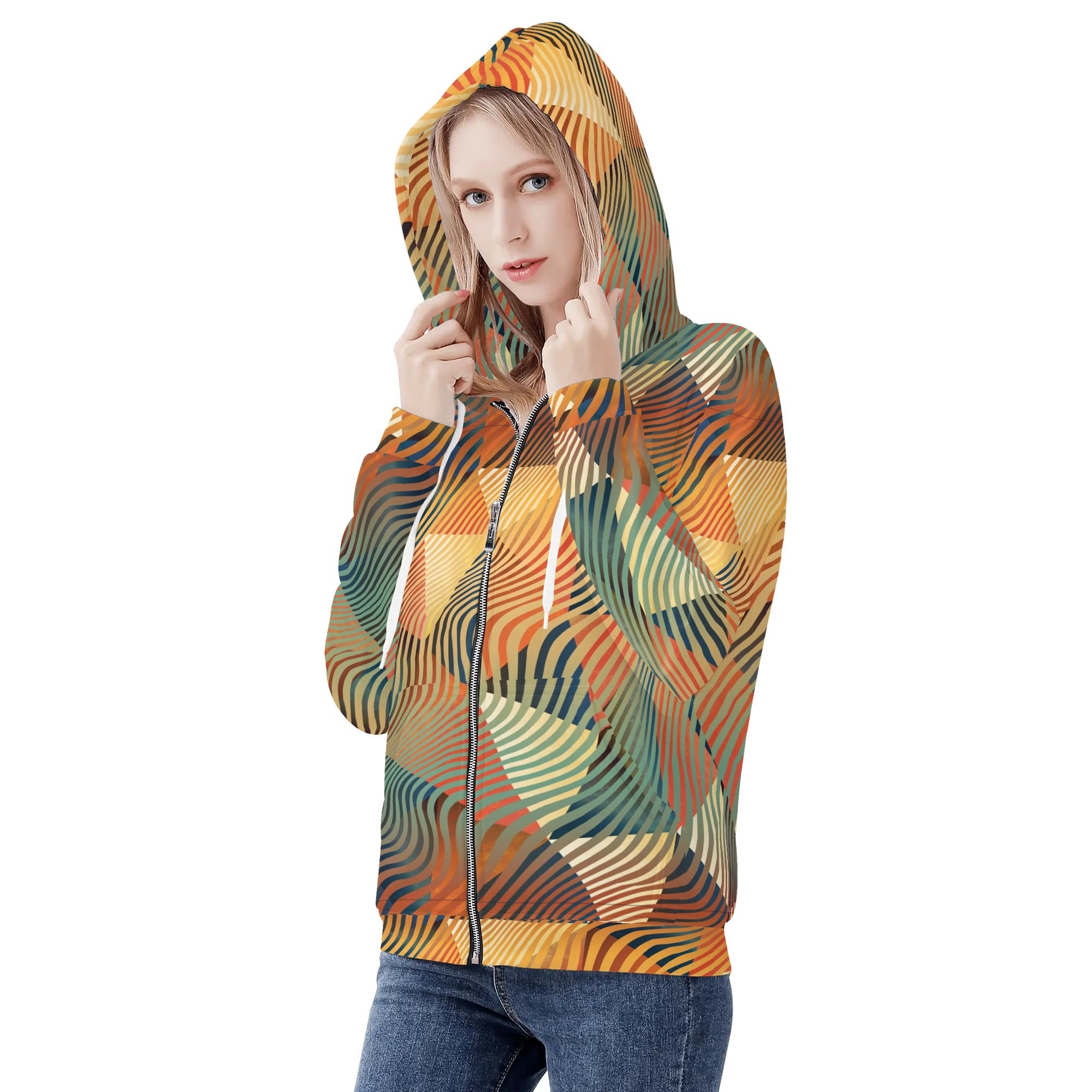 Women's Allover Print Zip-Up Hoodie - Geometric Waves