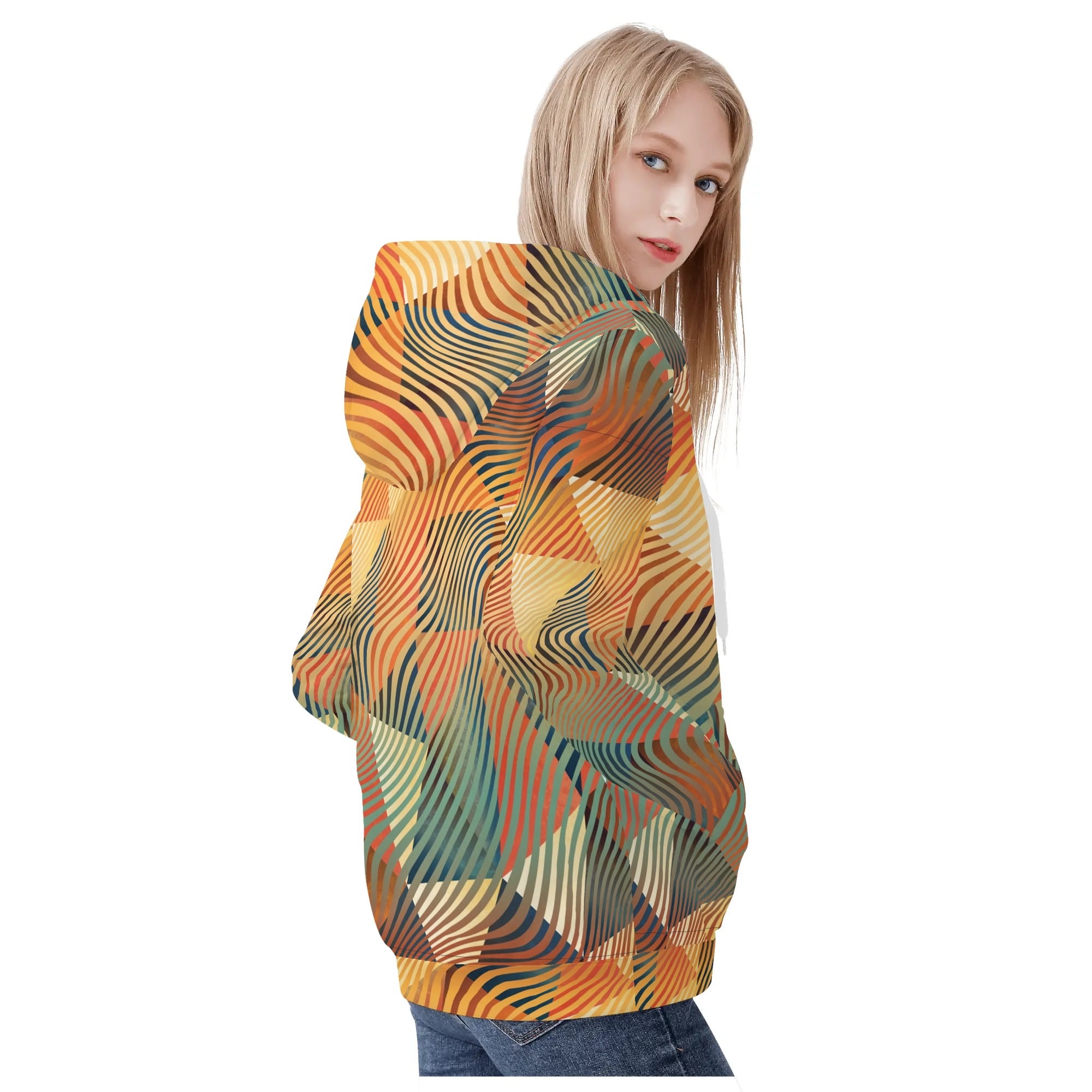 Women's Allover Print Zip-Up Hoodie - Geometric Waves