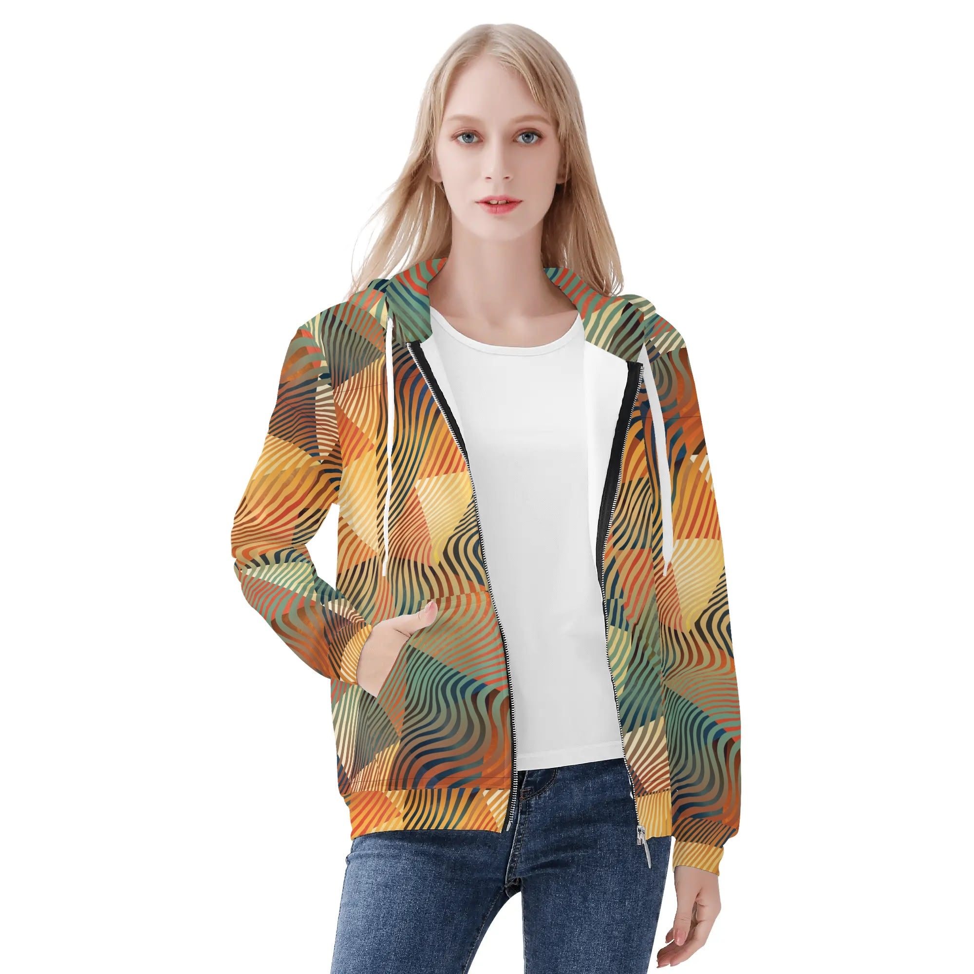 Women's Allover Print Zip-Up Hoodie - Geometric Waves