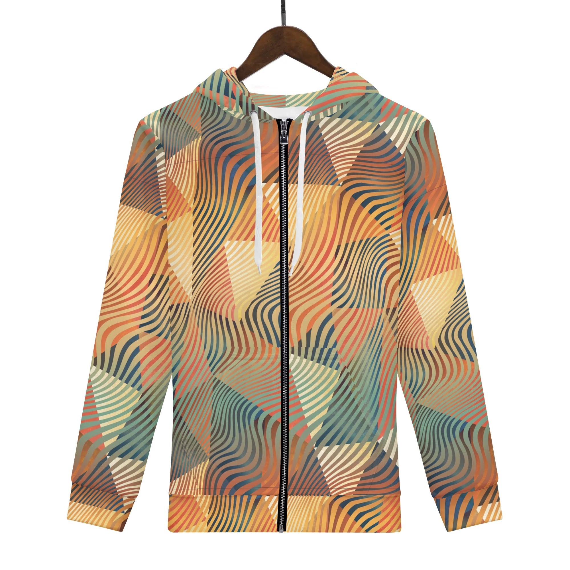 Women's Allover Print Zip-Up Hoodie - Geometric Waves