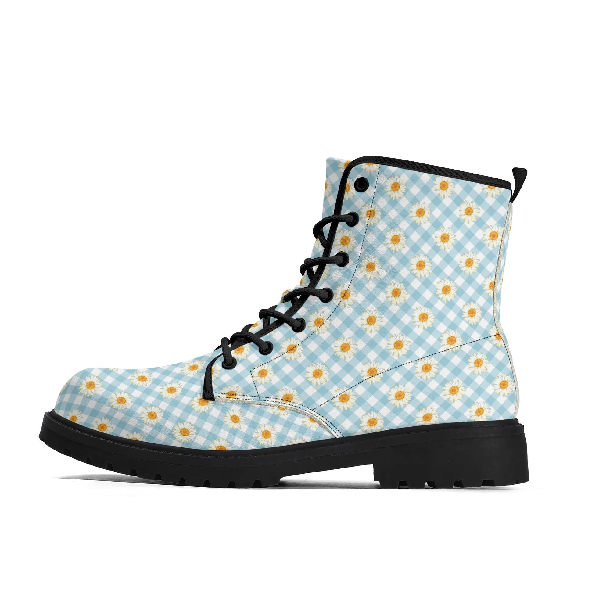 Women's Black Outsole Leather Boots - Blue Gingham Daisies