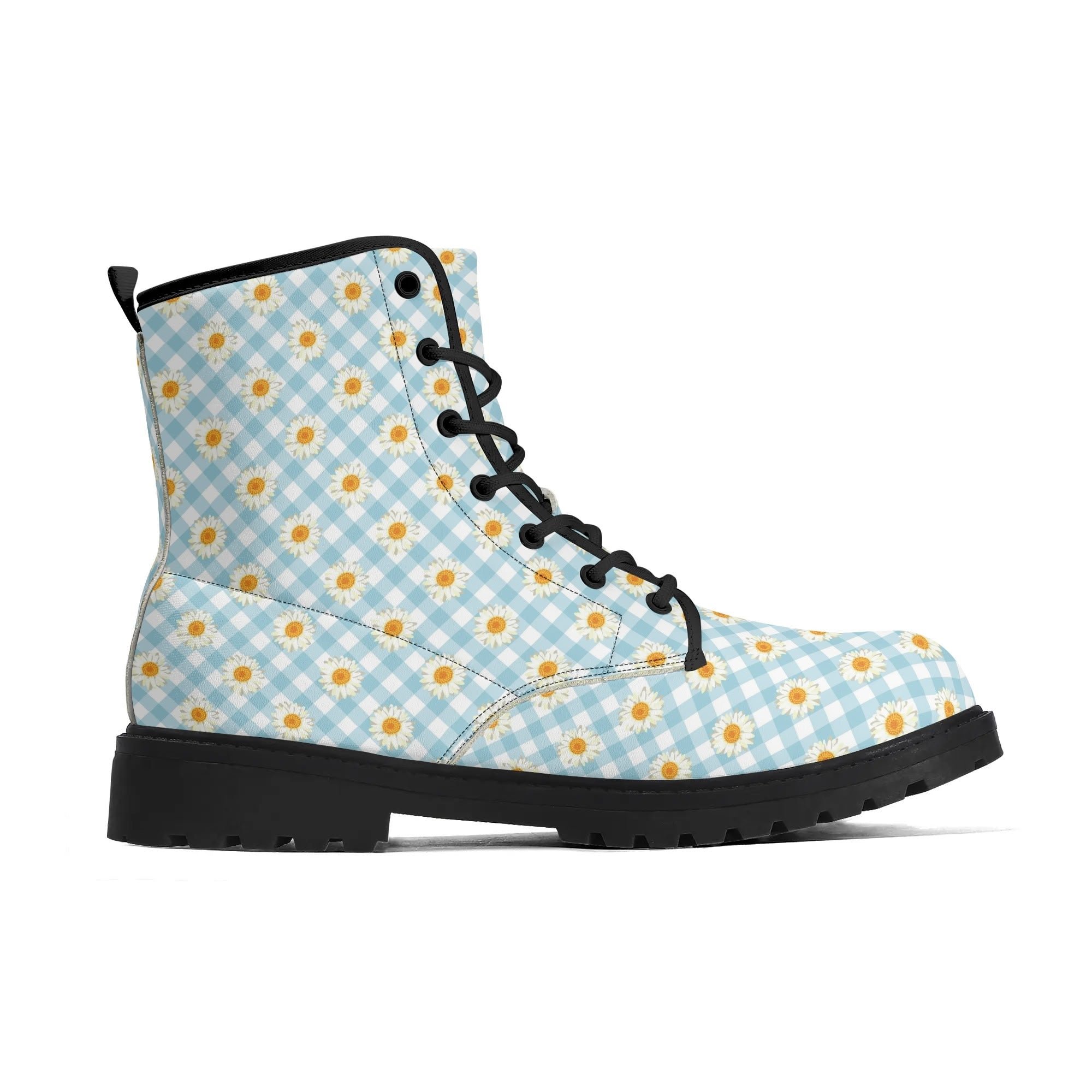 Women's Black Outsole Leather Boots - Blue Gingham Daisies