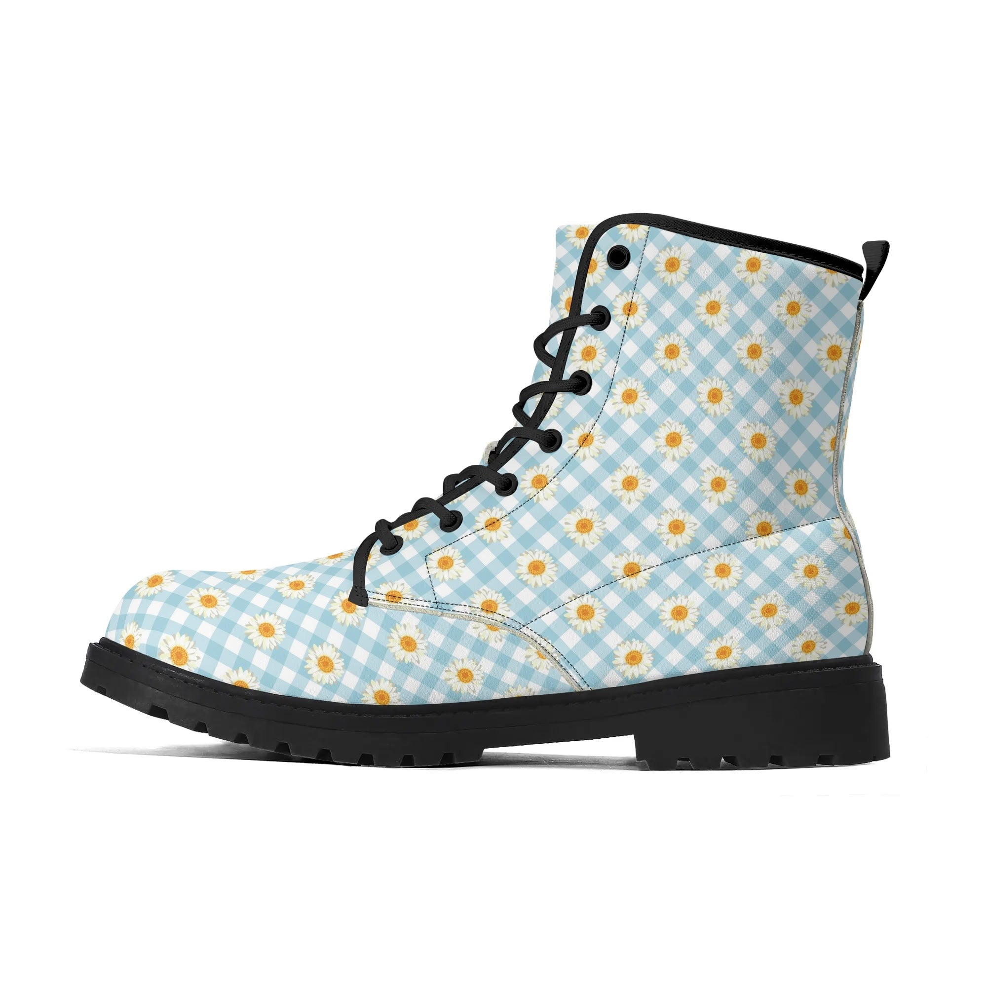 Women's Black Outsole Leather Boots - Blue Gingham Daisies