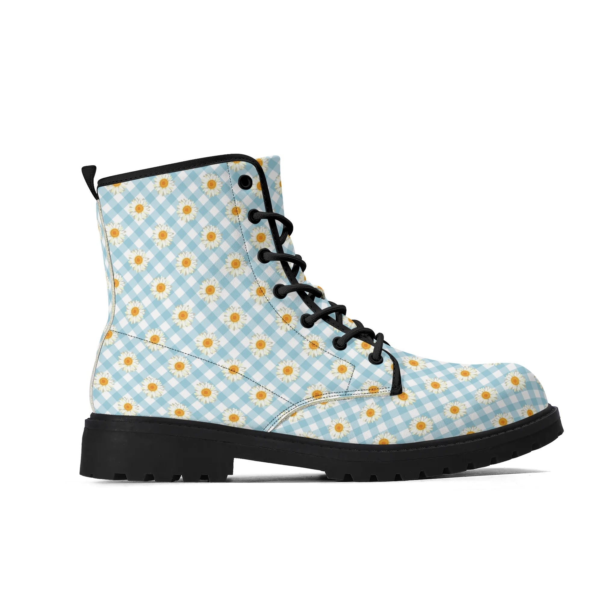 Women's Black Outsole Leather Boots - Blue Gingham Daisies