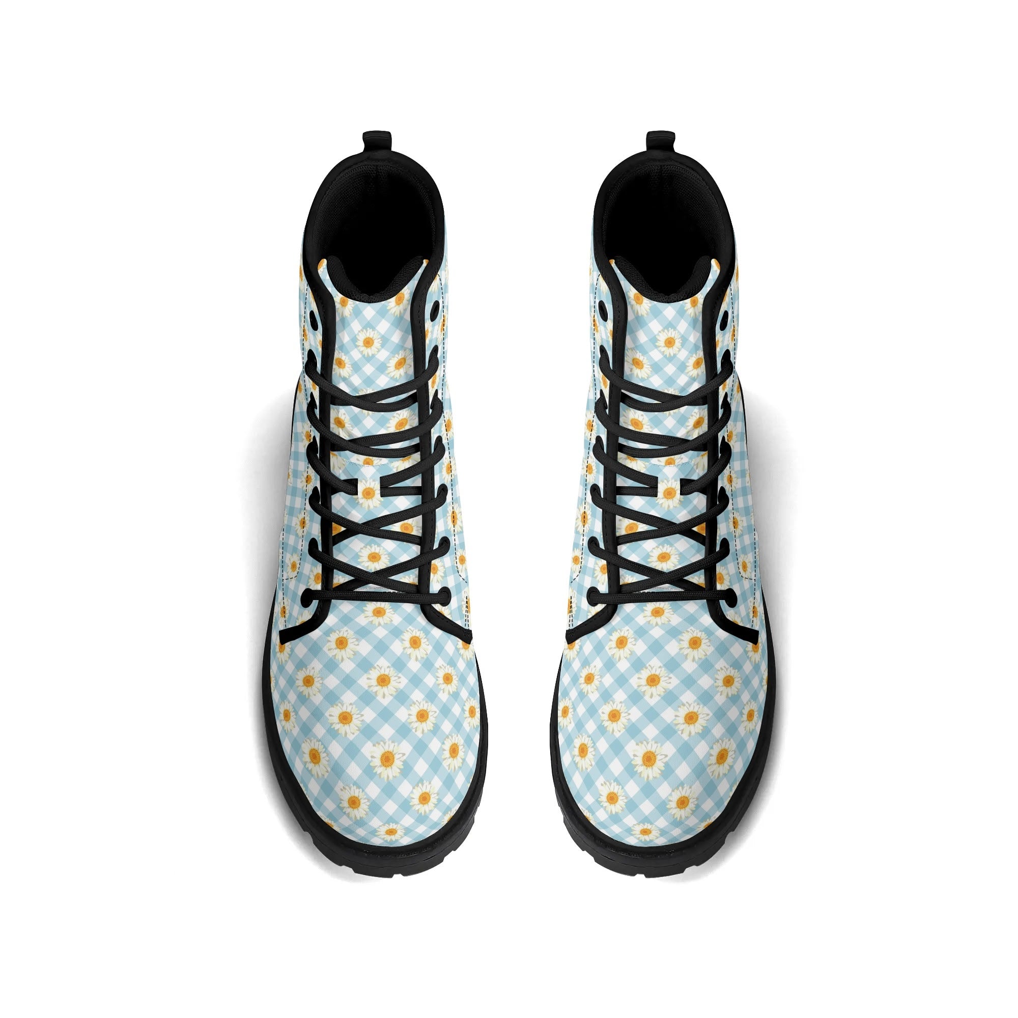 Women's Black Outsole Leather Boots - Blue Gingham Daisies