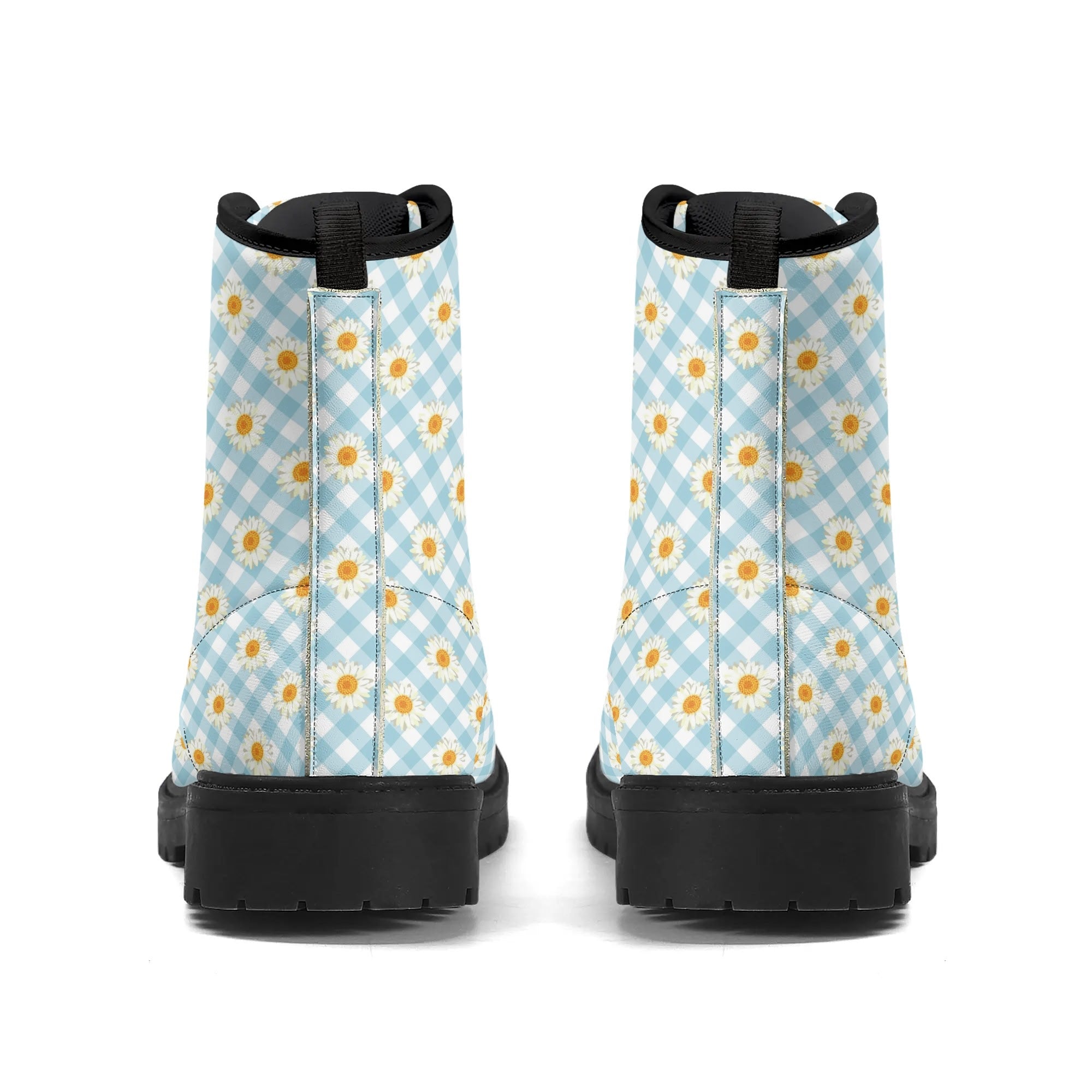 Women's Black Outsole Leather Boots - Blue Gingham Daisies