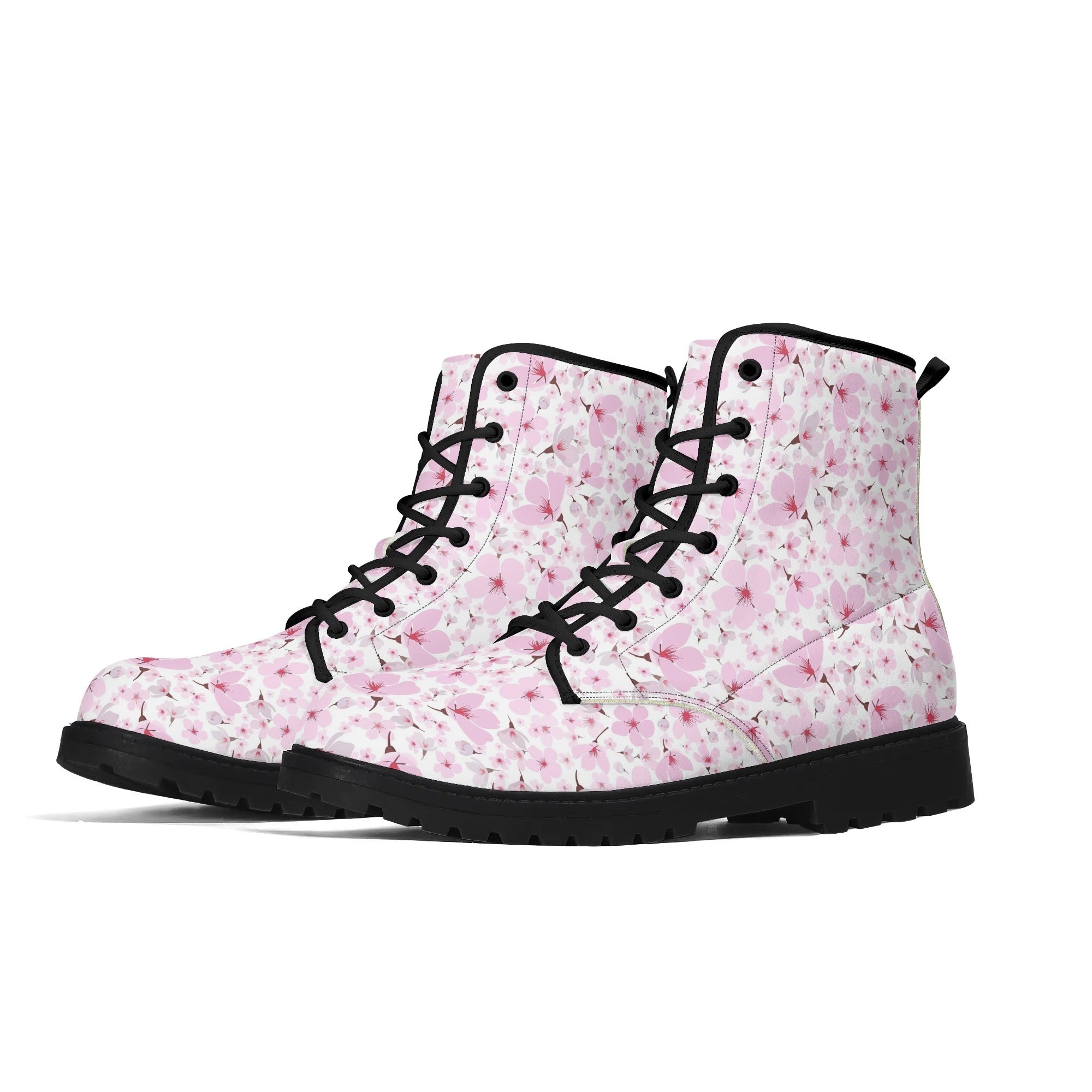 Women's Black Outsole Leather Boots - Cherry Blossoms