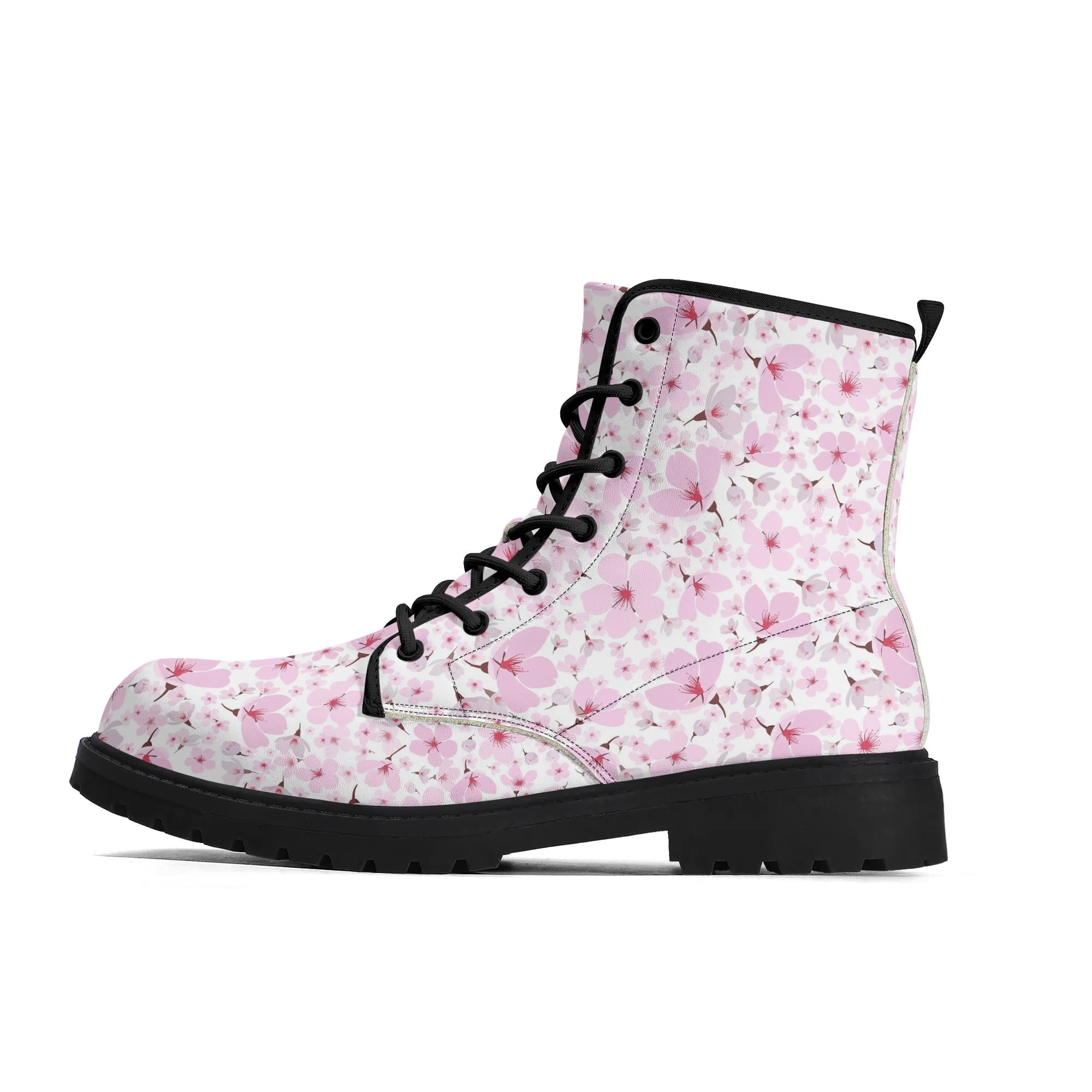 Women's Black Outsole Leather Boots - Cherry Blossoms