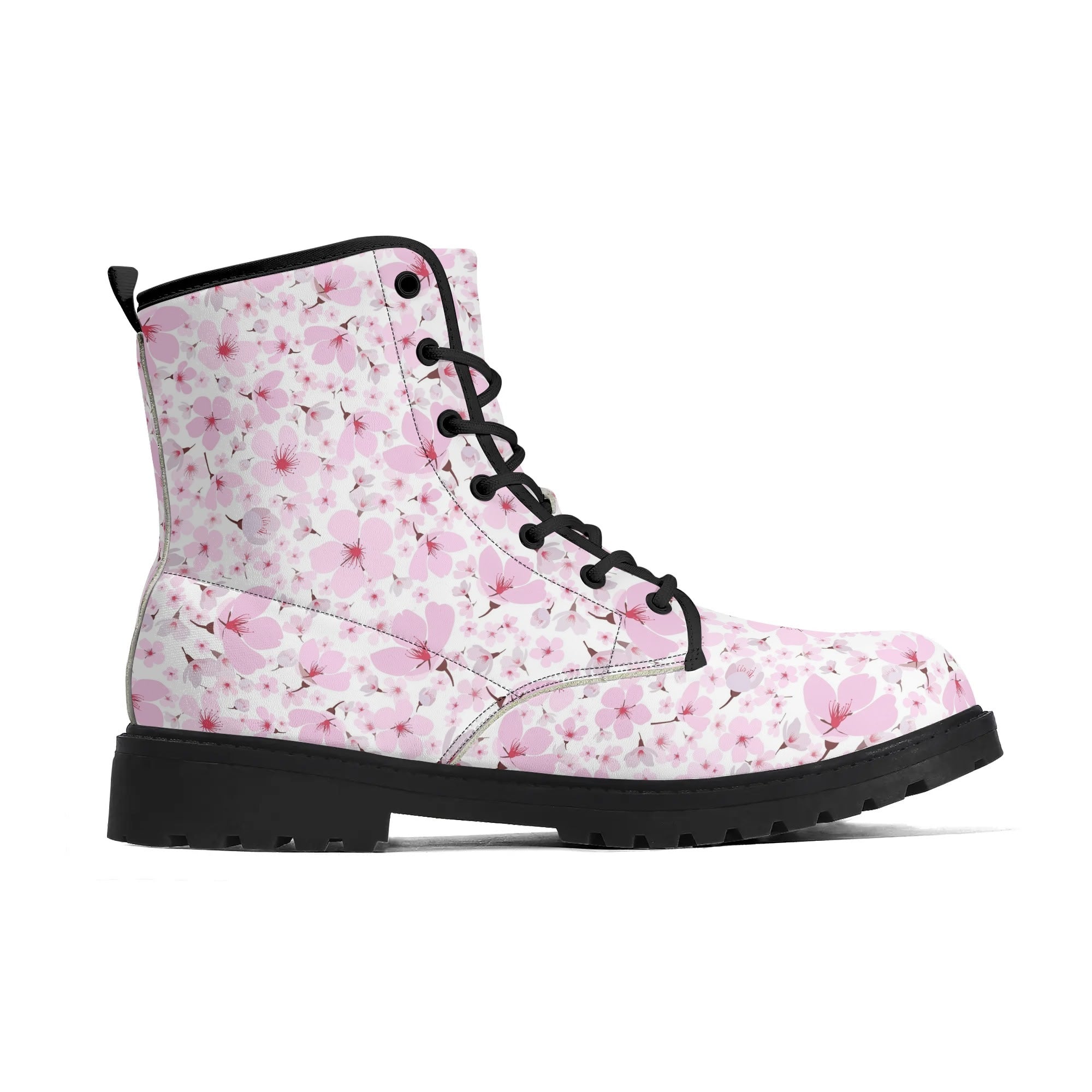 Women's Black Outsole Leather Boots - Cherry Blossoms