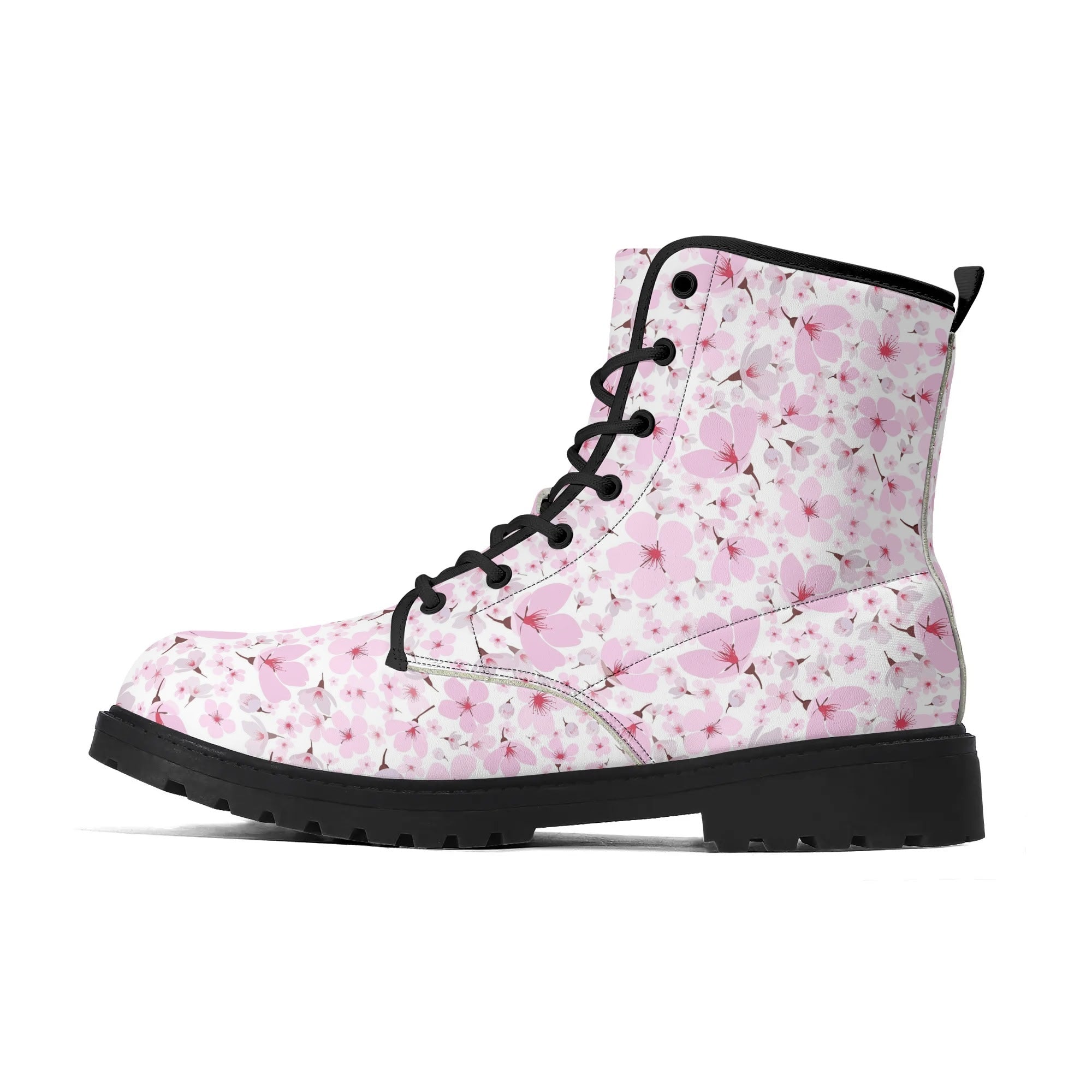 Women's Black Outsole Leather Boots - Cherry Blossoms