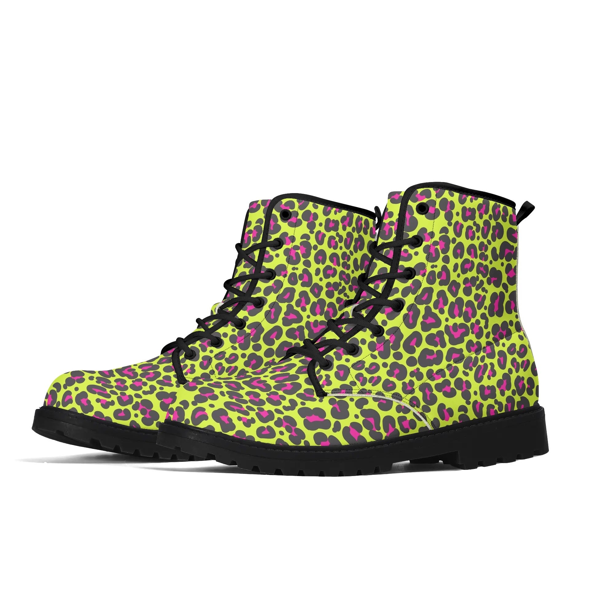 Women's Black Outsole Leather Boots - Neon Leopard