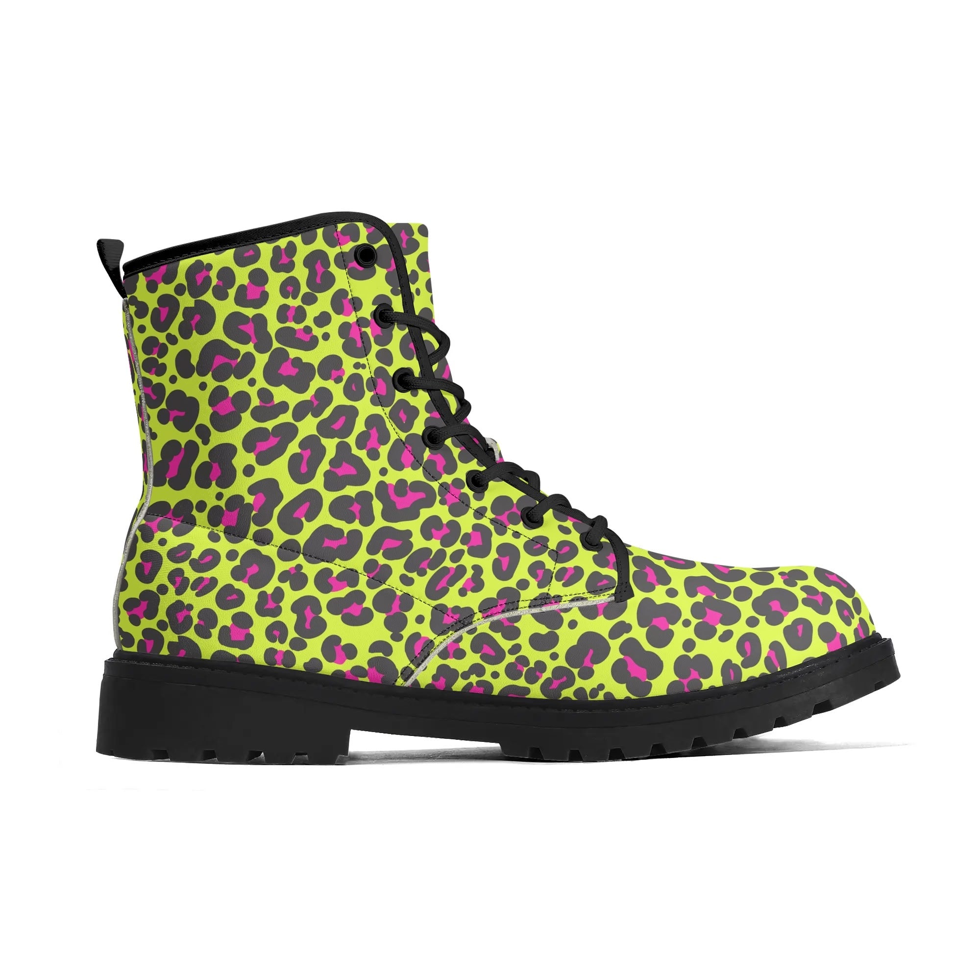 Women's Black Outsole Leather Boots - Neon Leopard