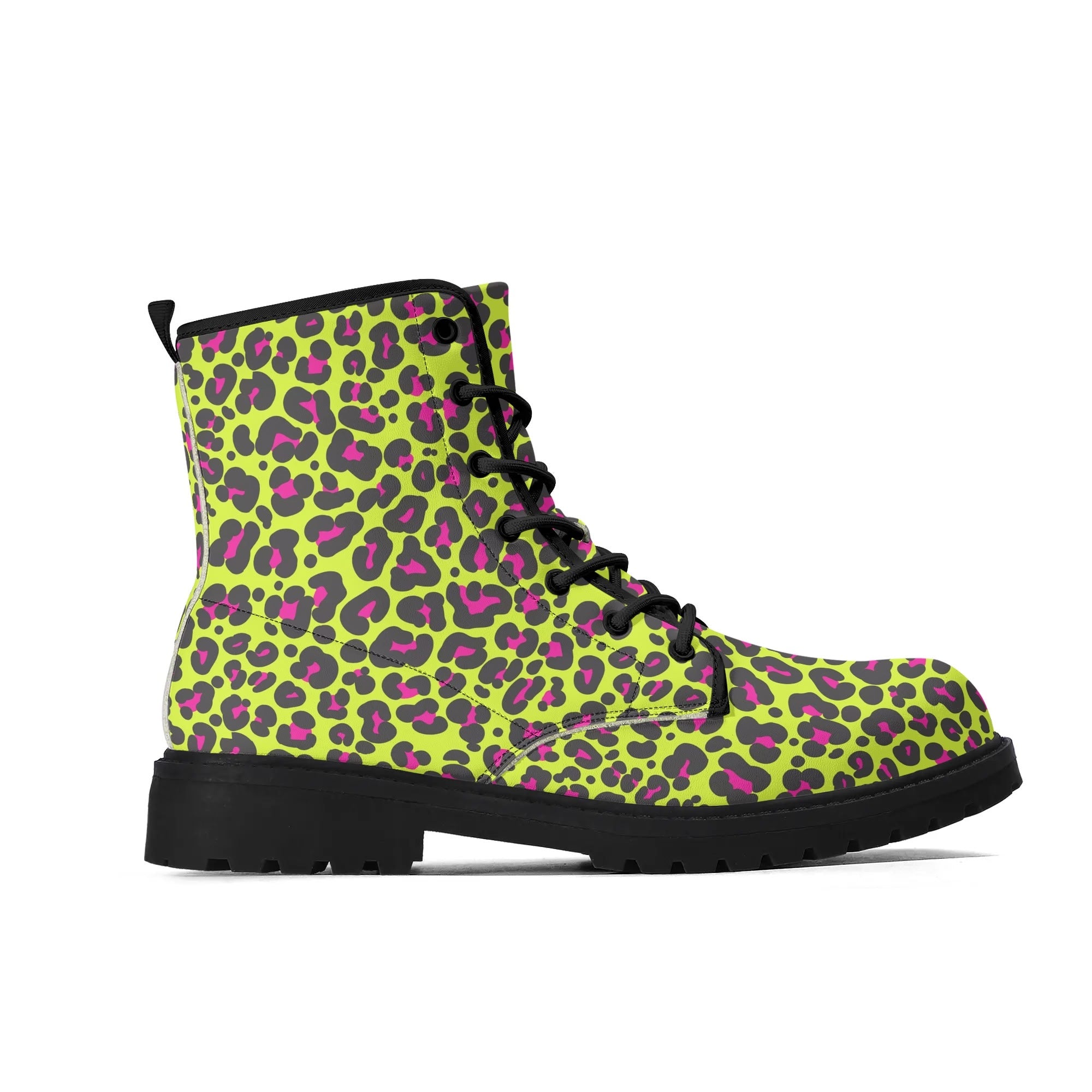 Women's Black Outsole Leather Boots - Neon Leopard