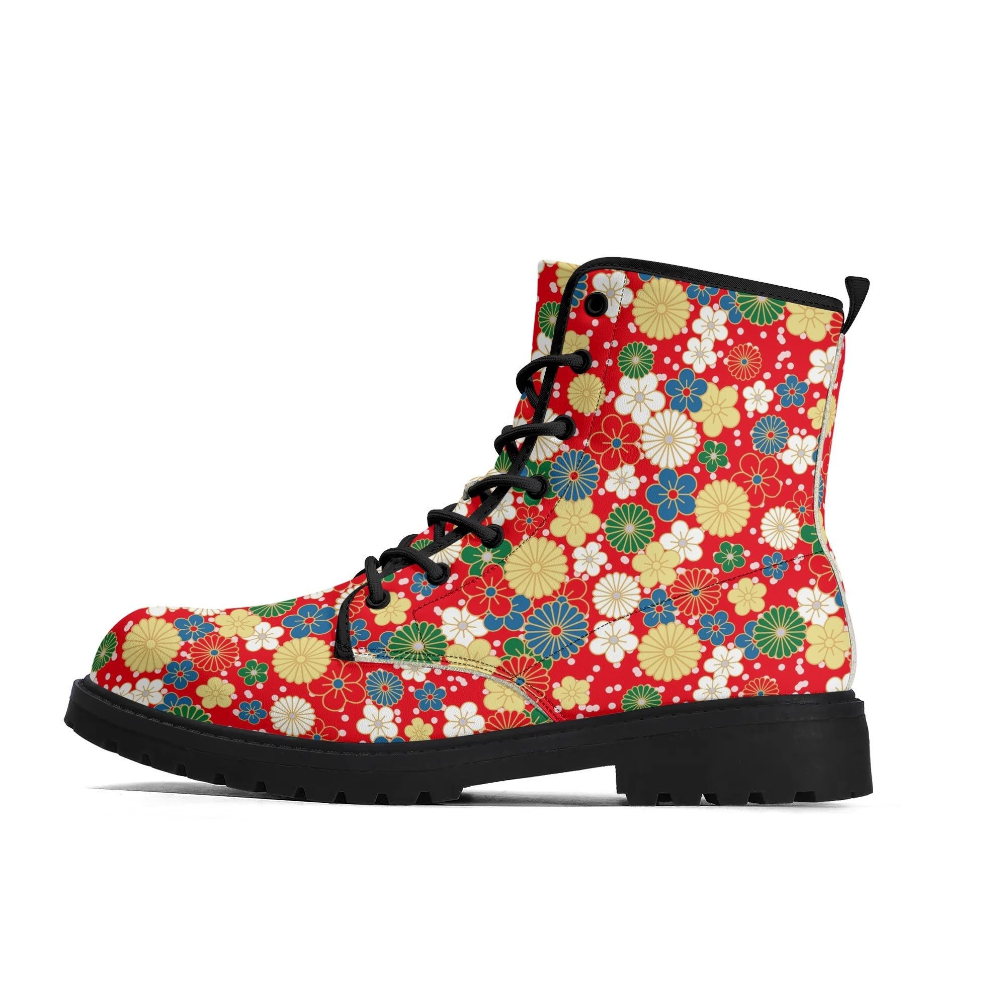 Women's Black Outsole Leather Boots - Japanese Flowers