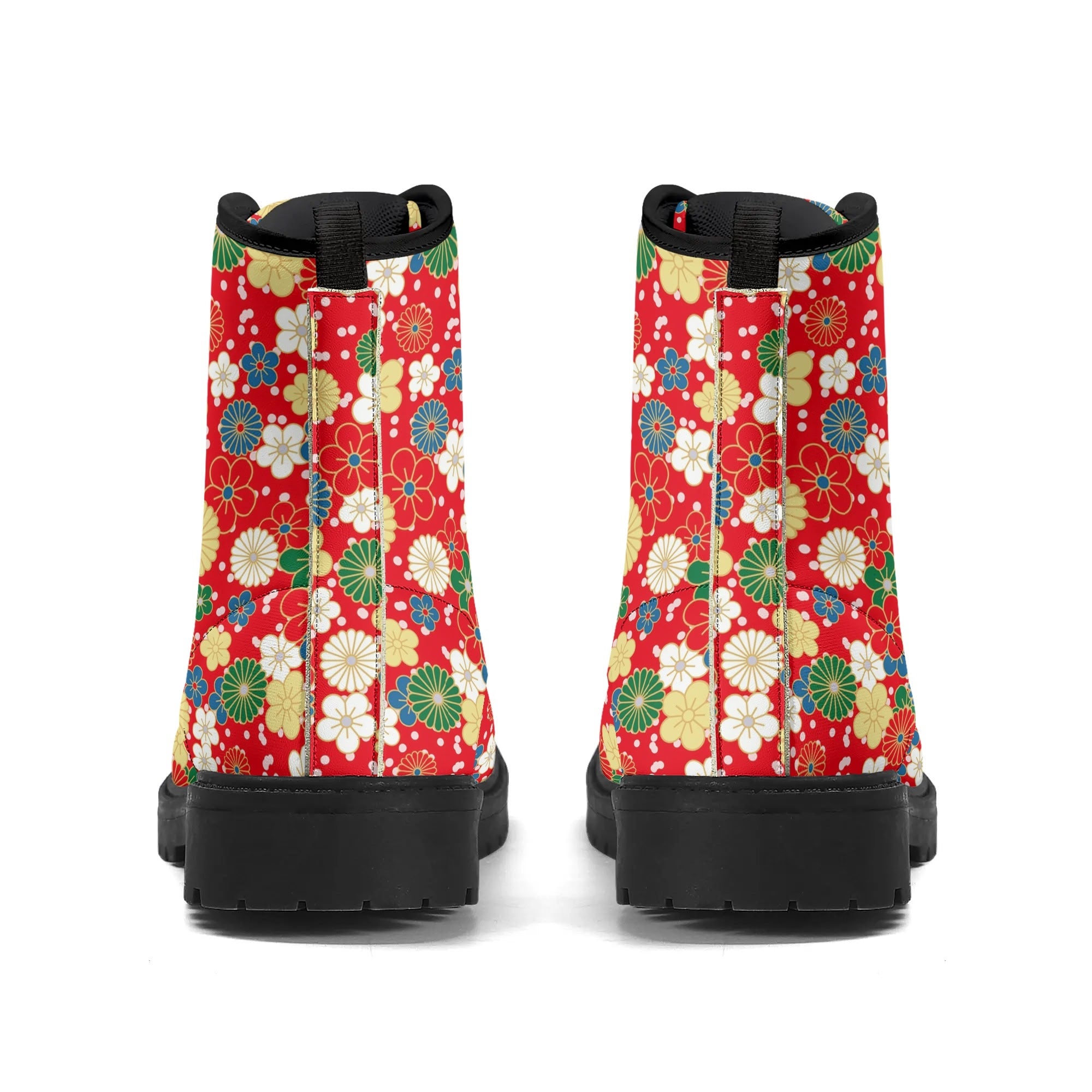 Women's Black Outsole Leather Boots - Japanese Flowers