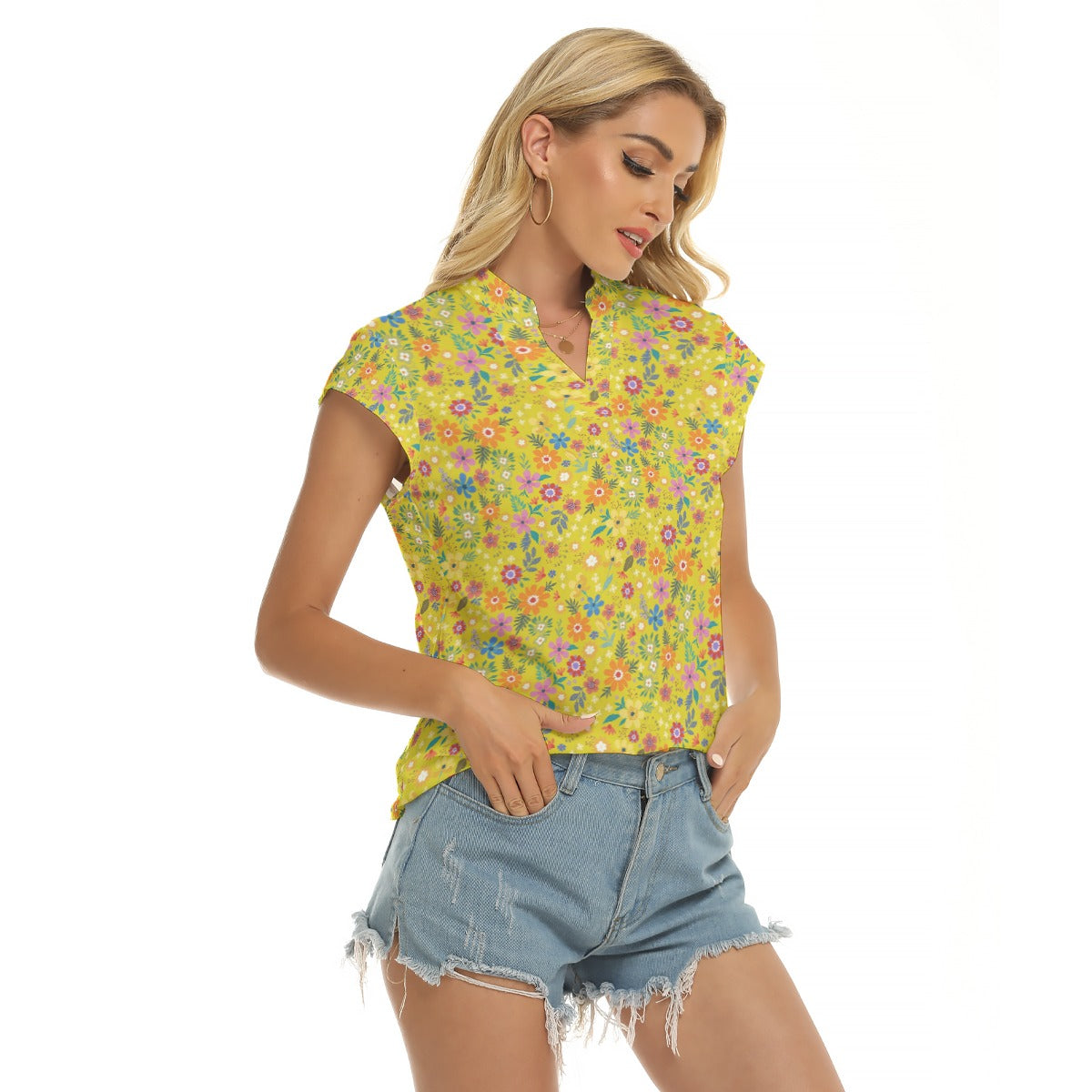 Women's Cap-Sleeve V-Neck Top - Bohemian Blossoms