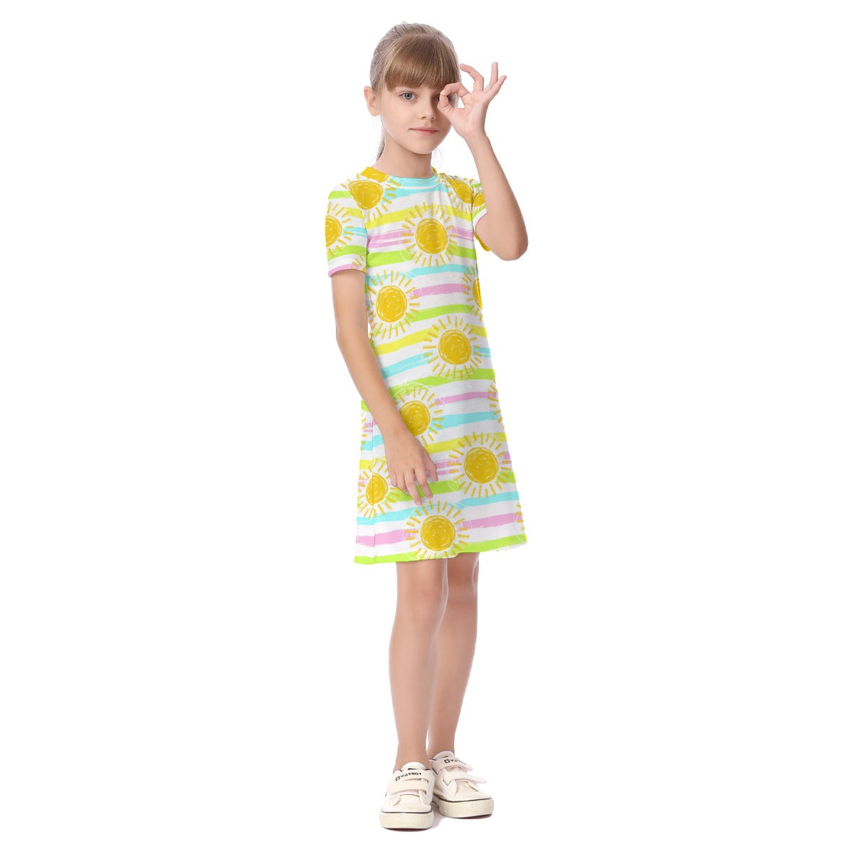 Kid's Short Sleeve T-Shirt Dress - Sunny Stripes (Pink)