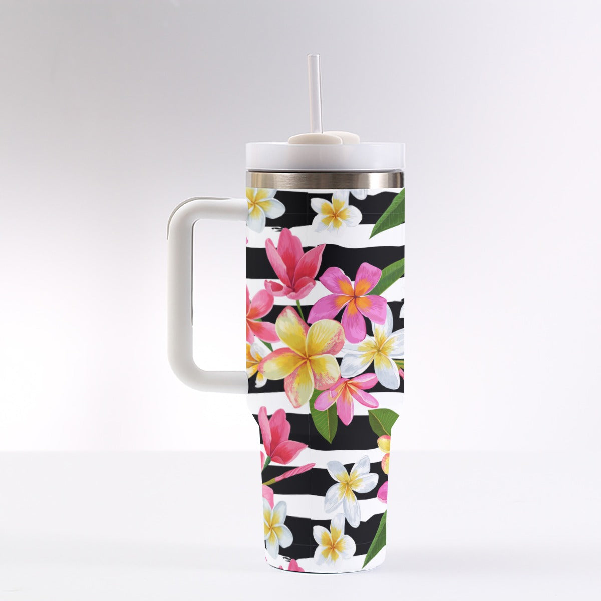 40oz Stainless Steel "Stanley" Tumbler With Handle - Plumeria On Stripes