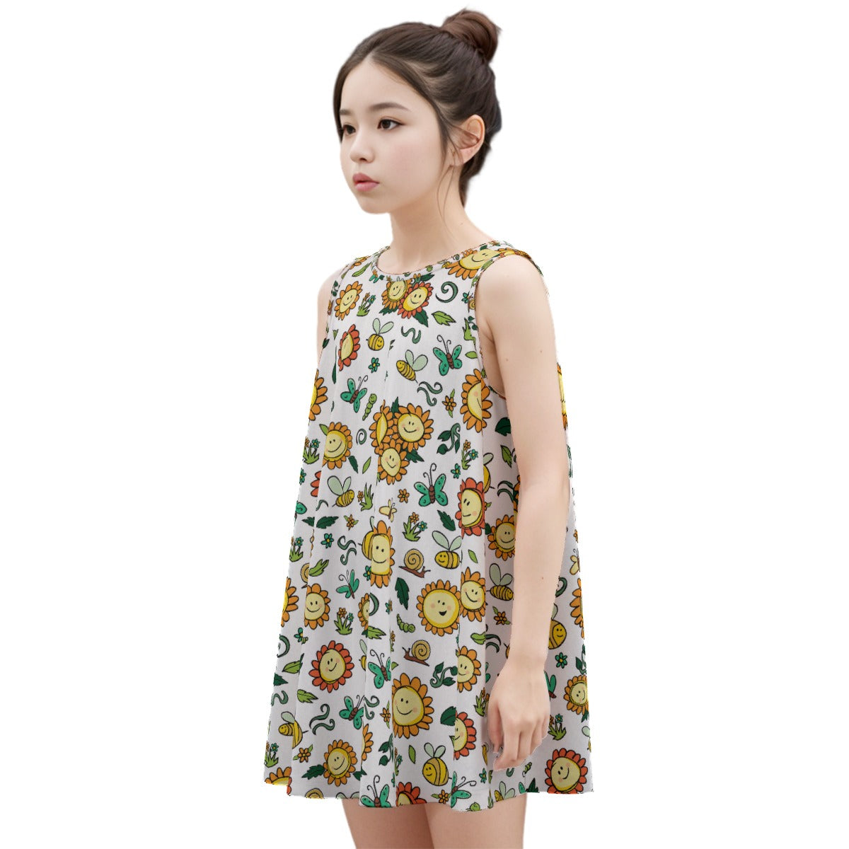 Kid's Sleeveless Cotton Swing Dress - Smiley Sunflowers