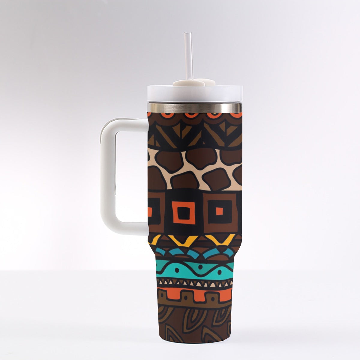 40oz Stainless Steel "Stanley" Tumbler With Handle - African Print (Giraffe)