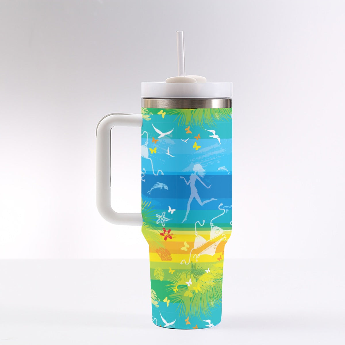 40oz Stainless Steel "Stanley" Tumbler With Handle - Frolic by the Seashore