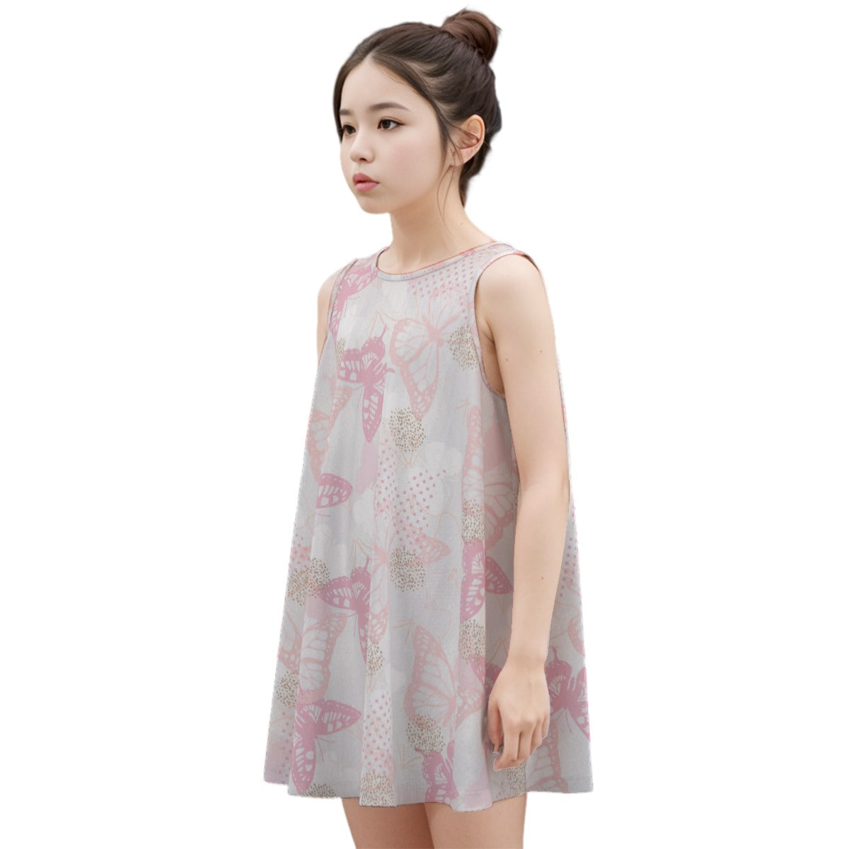 Kid's Sleeveless Cotton Swing Dress - Lace Butterflies (Pink)