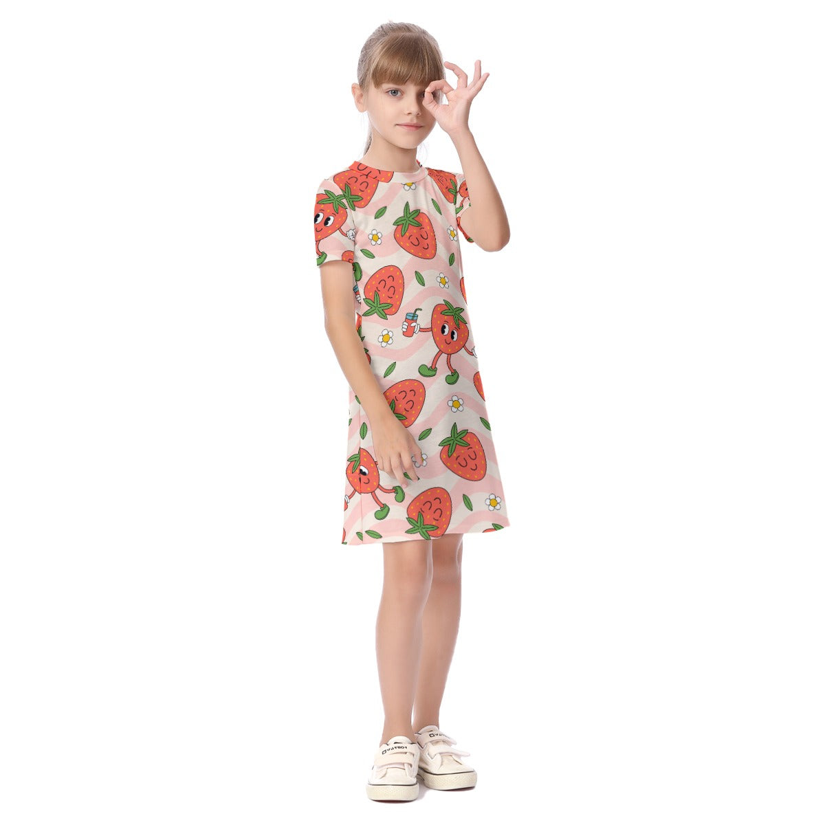 Kid's Short Sleeve T-Shirt Dress - Strawberry Shuffle