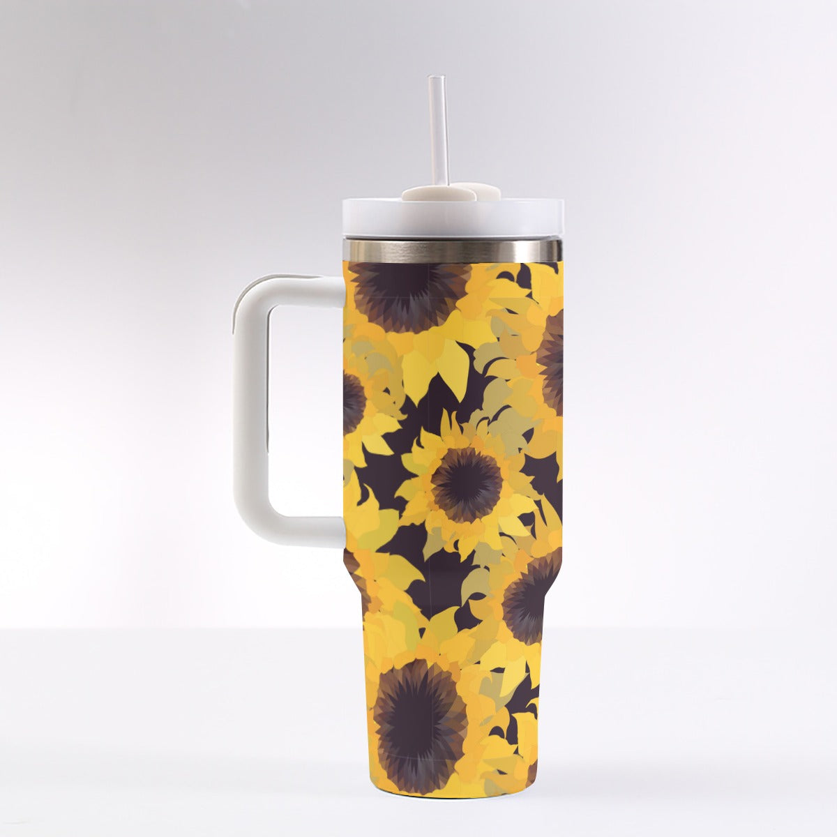 40oz Stainless Steel "Stanley" Tumbler With Handle - Sunflowers