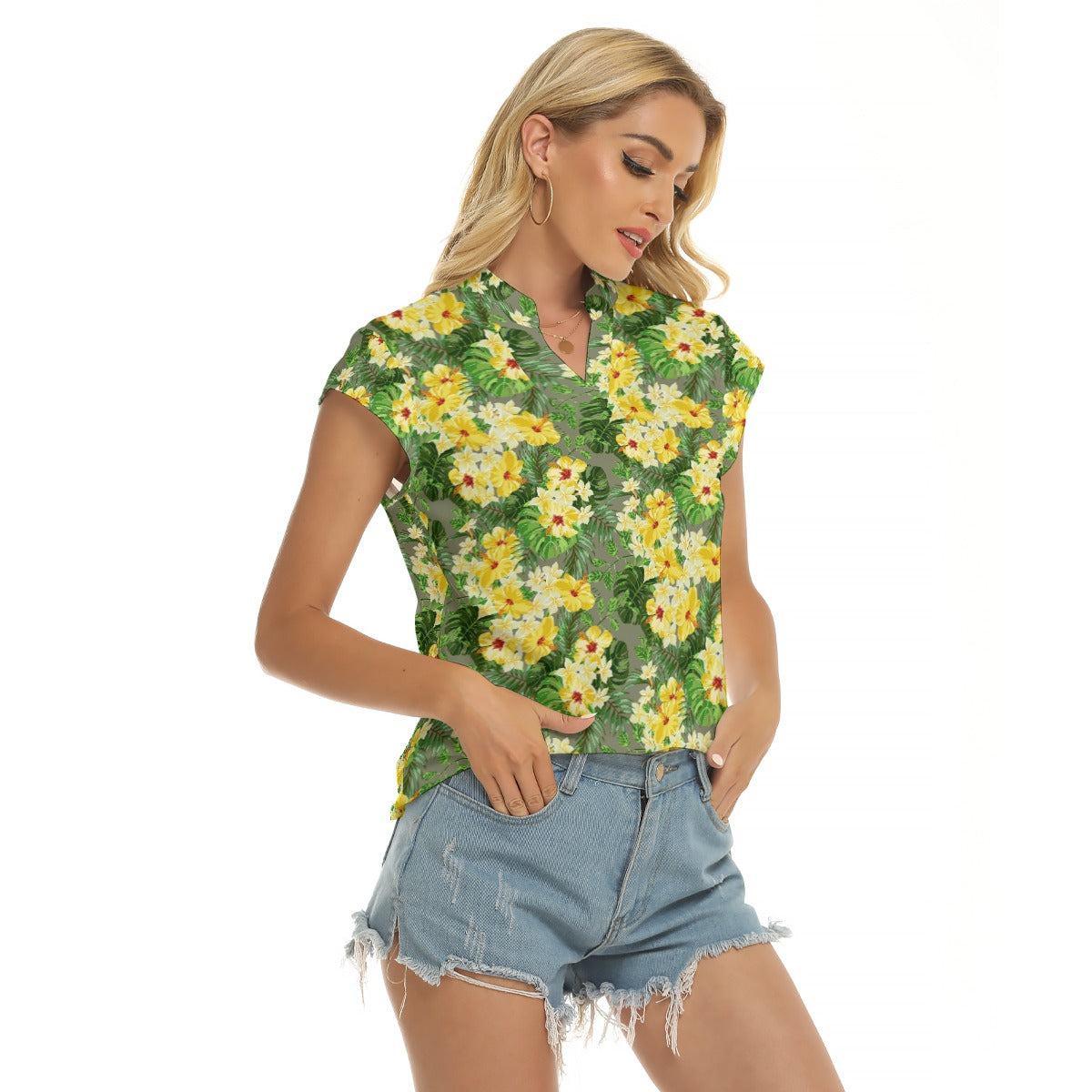 Women's Cap-Sleeve V-Neck Top - Tropical Garden