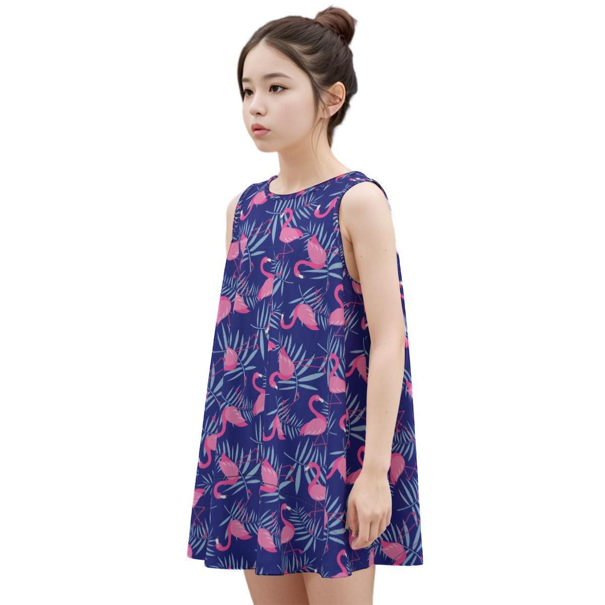 Kid's Sleeveless Cotton Swing Dress - Flamingo Frolic