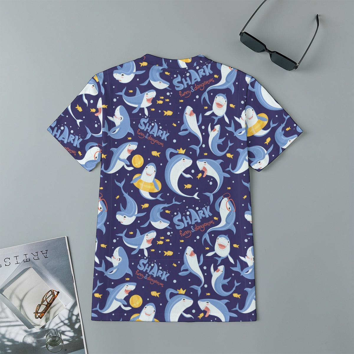 Kids 180GSM Cotton All-Over Print T-Shirt - Silly Sharks