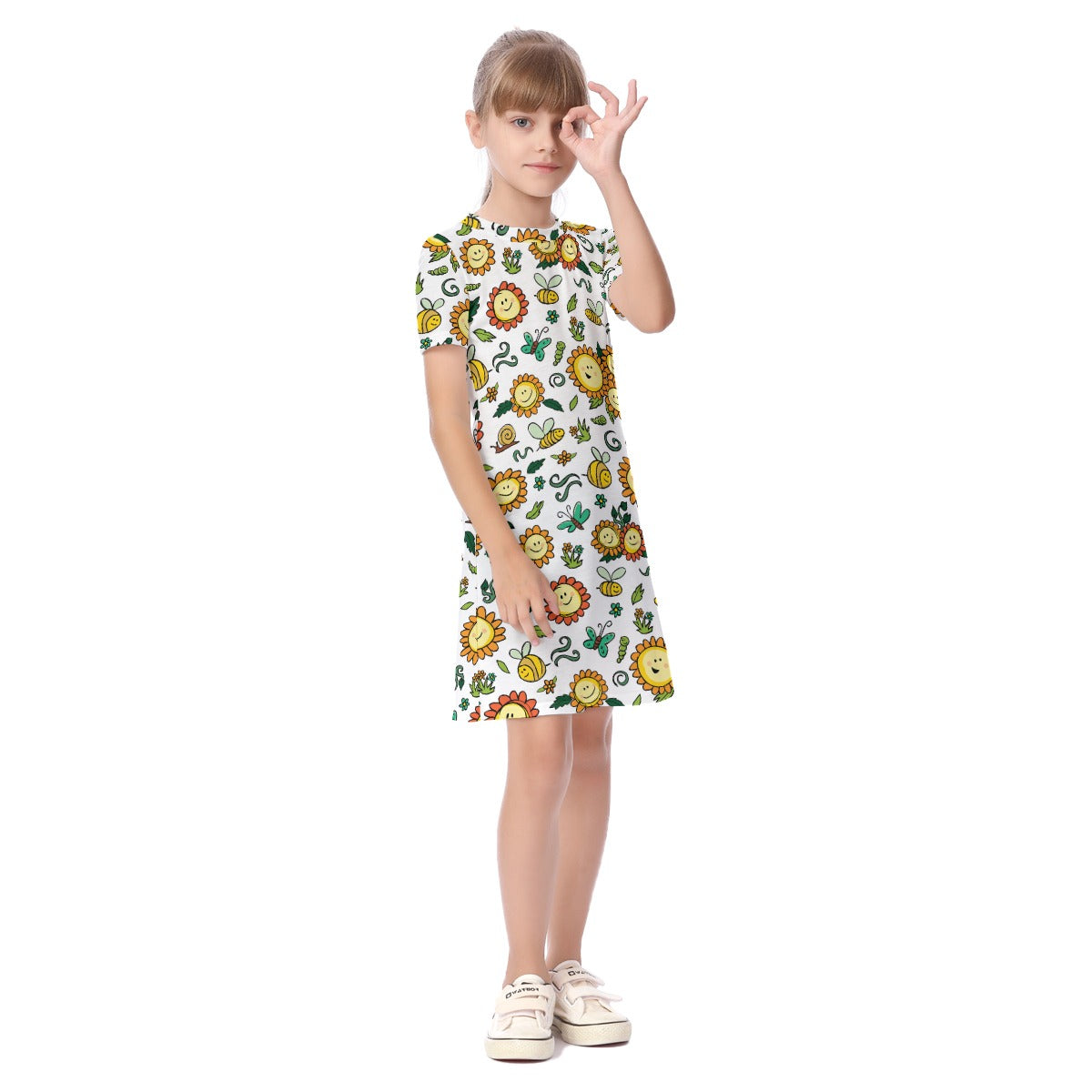 Kid's Short Sleeve T-Shirt Dress - Smiley Sunflowers