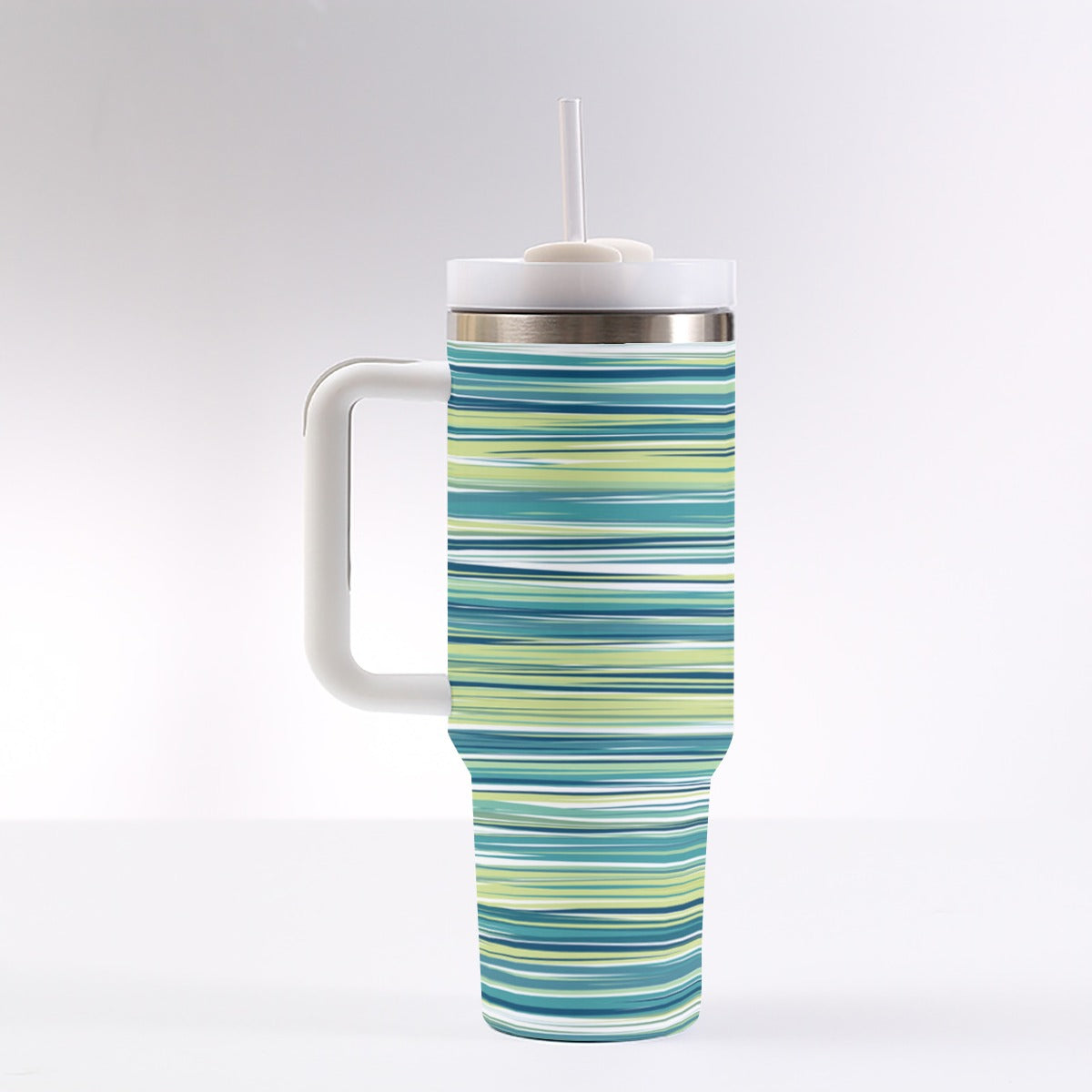 40oz Stainless Steel "Stanley" Tumbler With Handle - Cyan Stripes