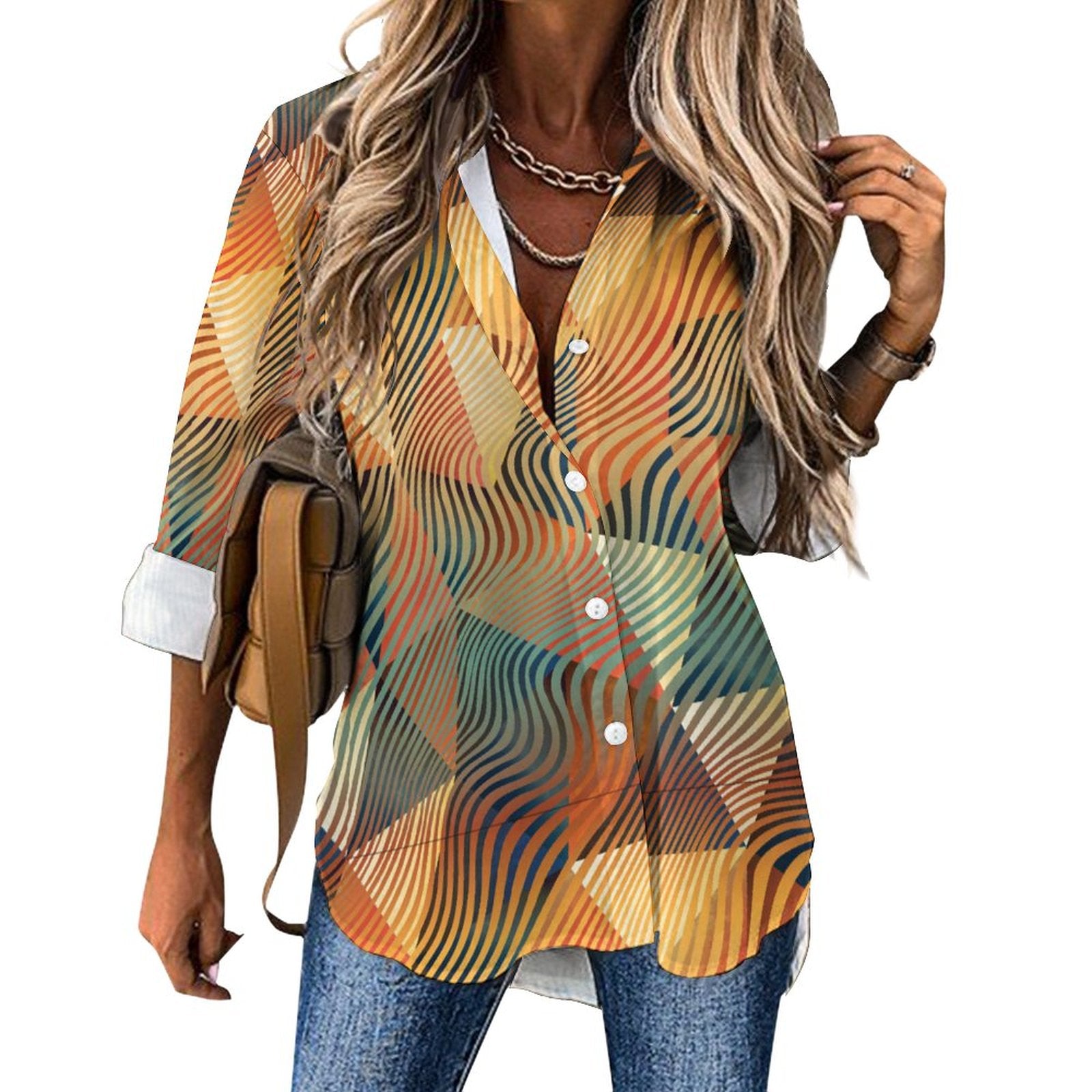 Women's Irregular Hem Button-Up Shirt - Geometric Waves