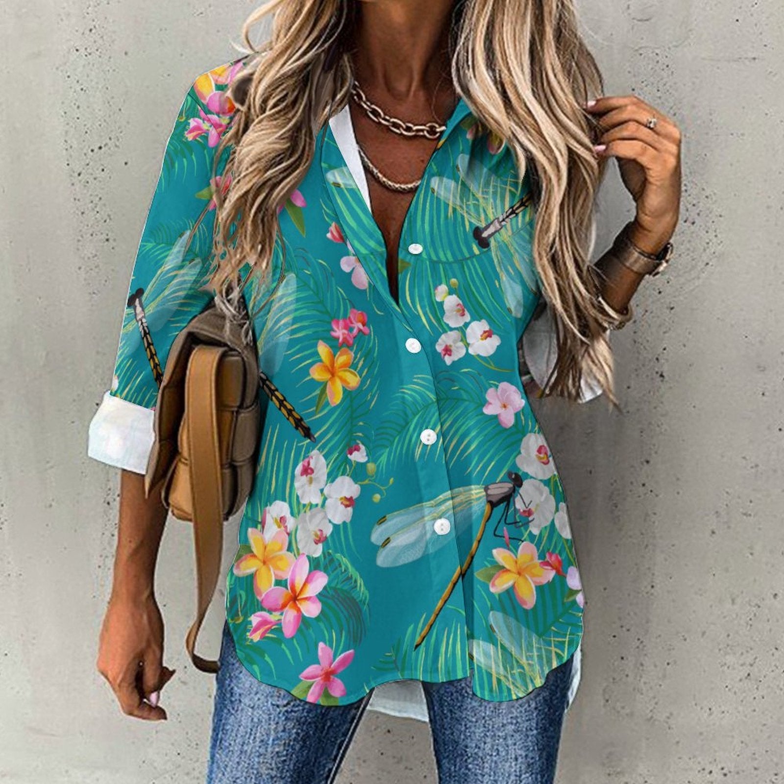 Women's Irregular Hem Button-Up Shirt - Tropical Dragonflies